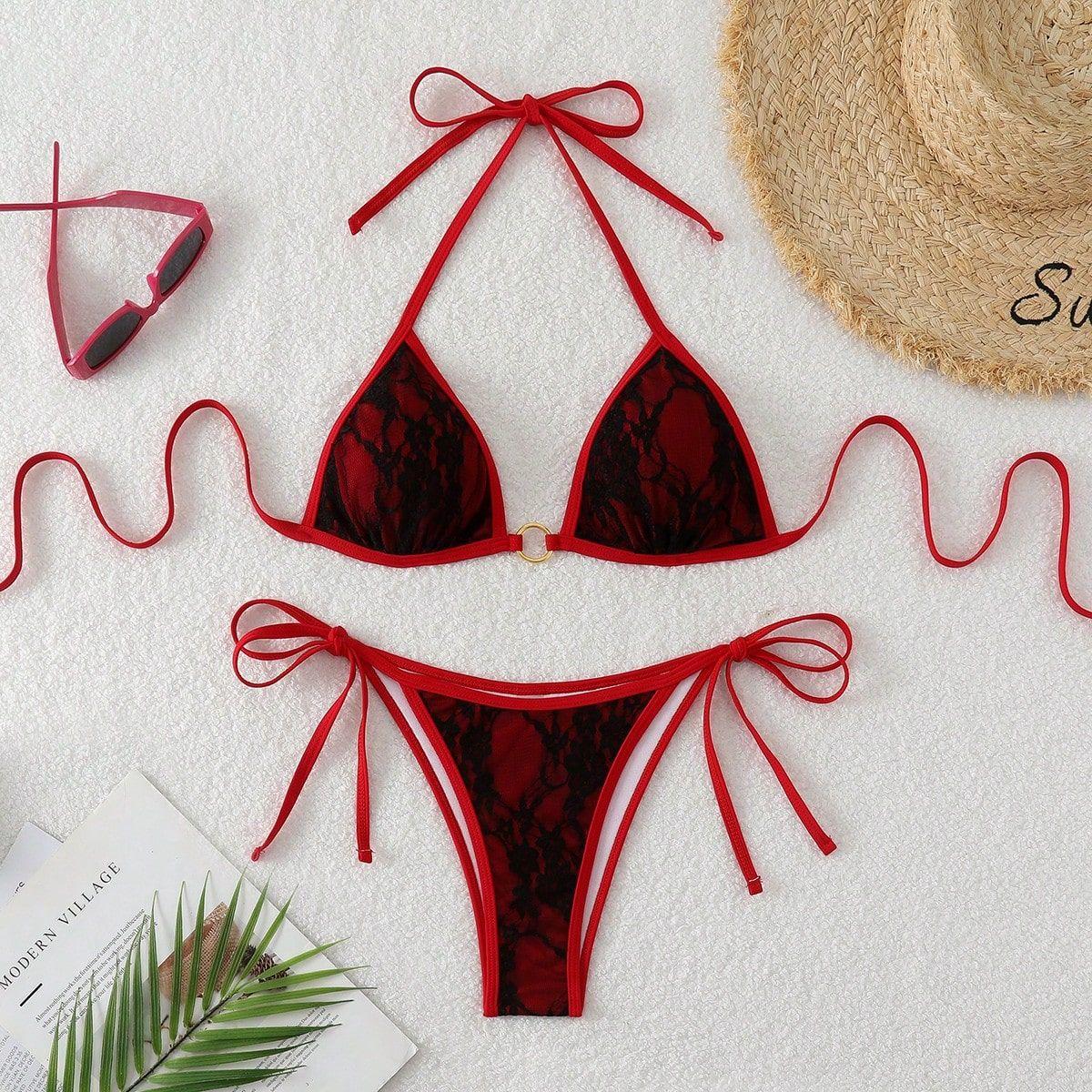 (image for) Women Lace Halter Triangle Bikini Set Tie Side Padded Swimwear