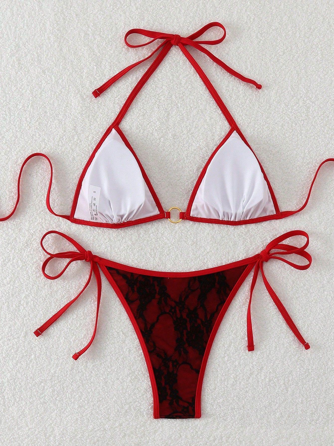 (image for) Women Lace Halter Triangle Bikini Set Tie Side Padded Swimwear