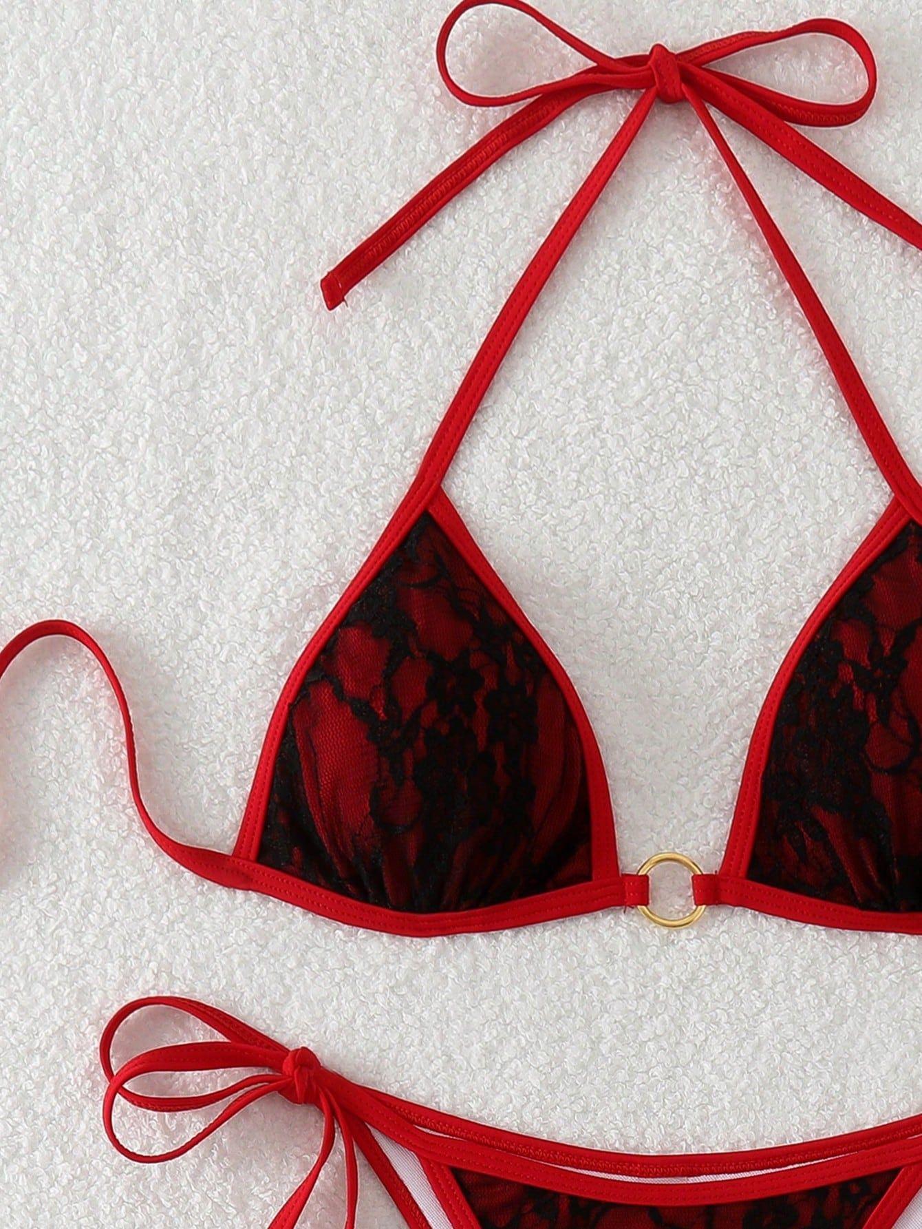 (image for) Women Lace Halter Triangle Bikini Set Tie Side Padded Swimwear