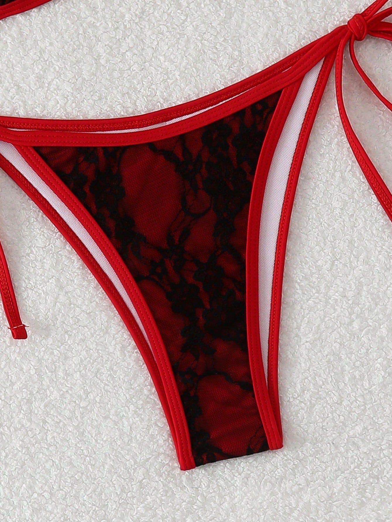 (image for) Women Lace Halter Triangle Bikini Set Tie Side Padded Swimwear
