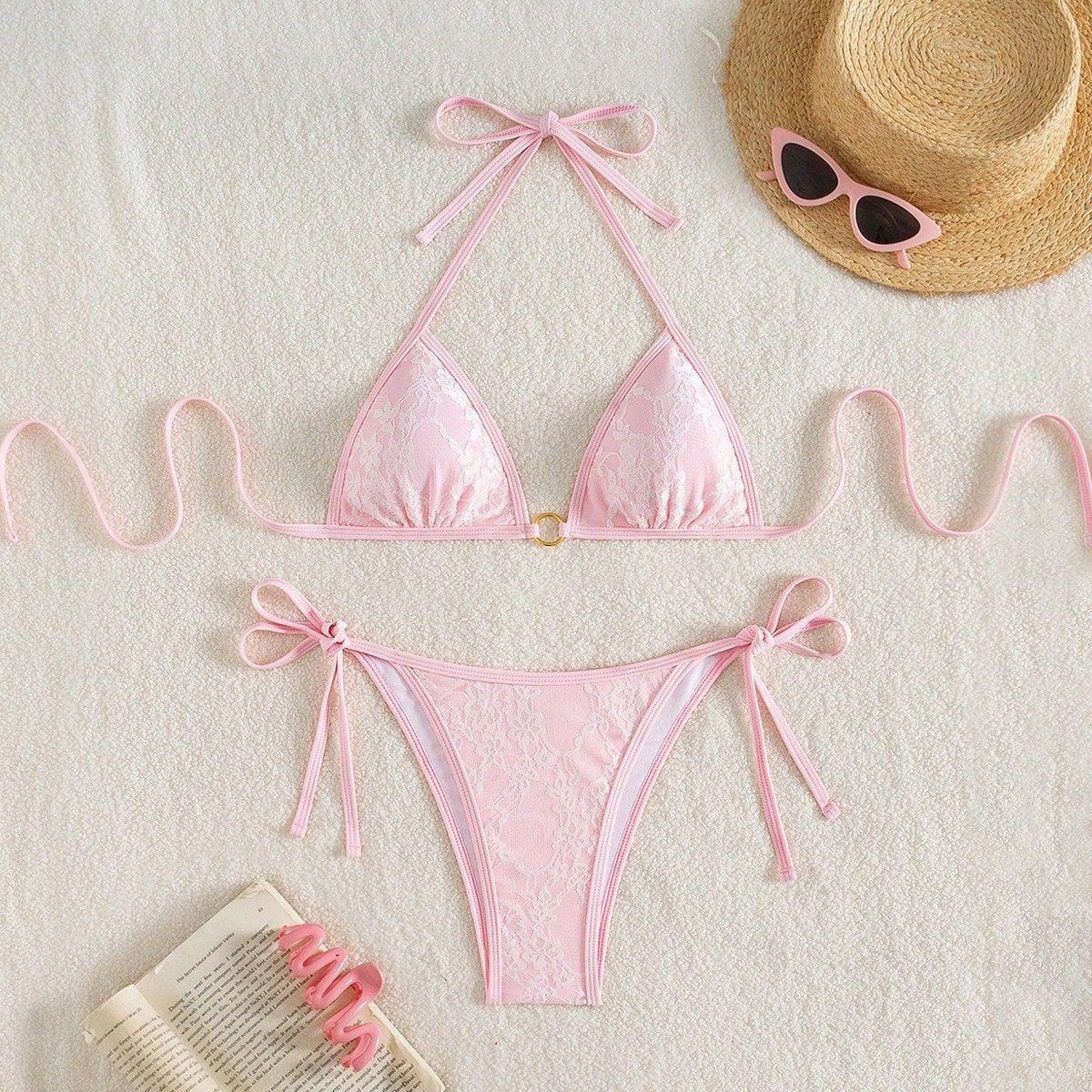 (image for) Women Lace Halter Triangle Bikini Set Tie Side Padded Swimwear