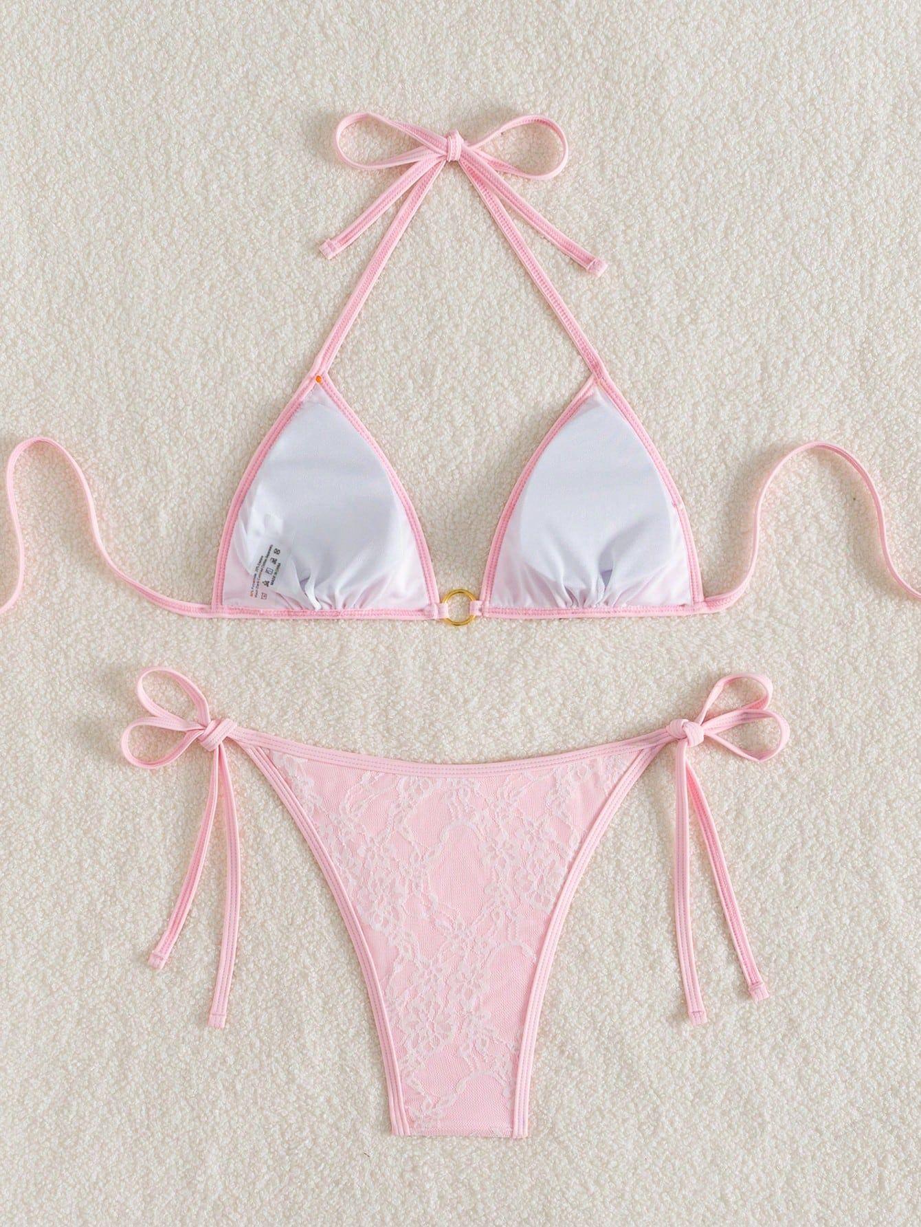 (image for) Women Lace Halter Triangle Bikini Set Tie Side Padded Swimwear