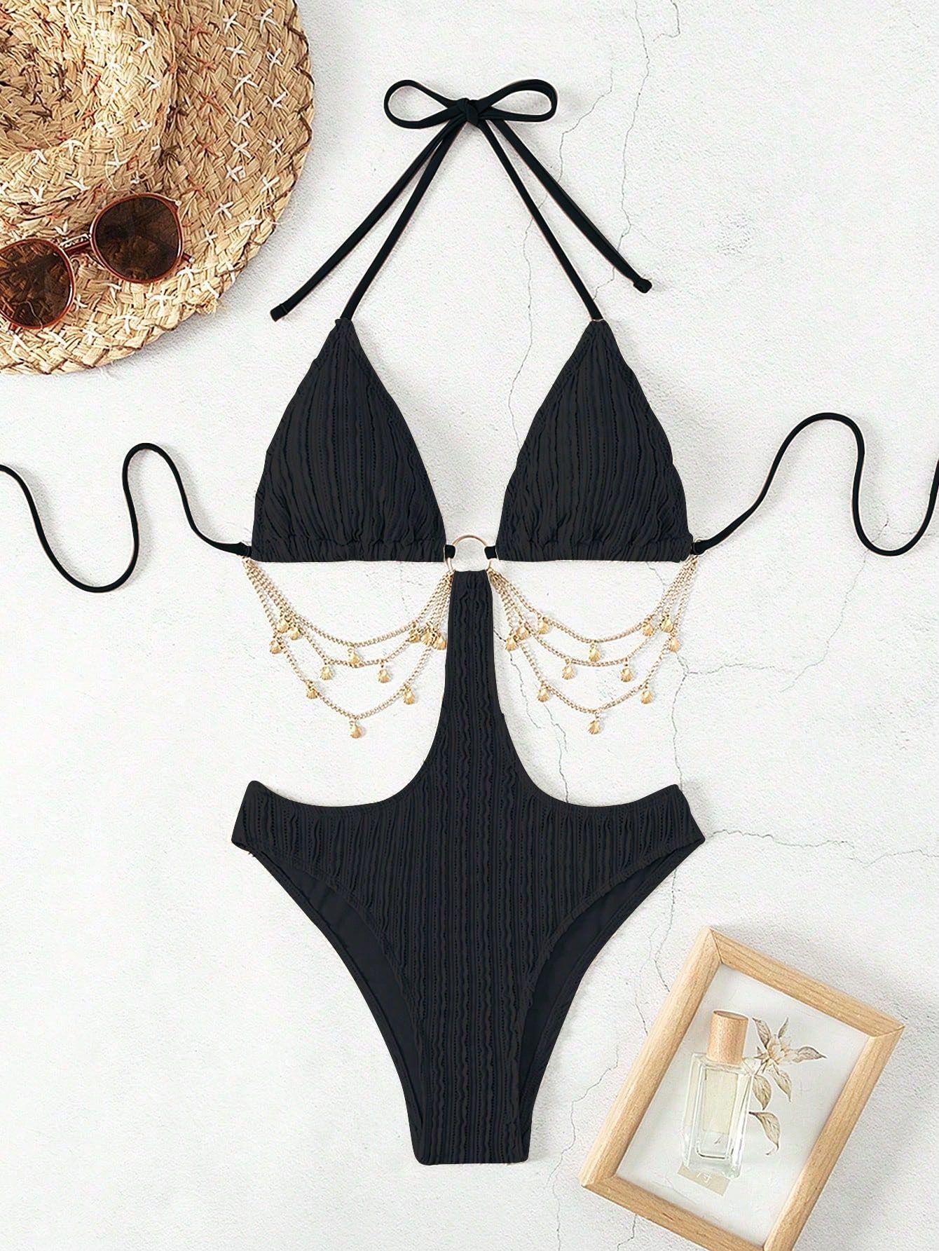 (image for) Women Chain Decor Cut Out Halter One Piece Swimsuit Padded Swimwear