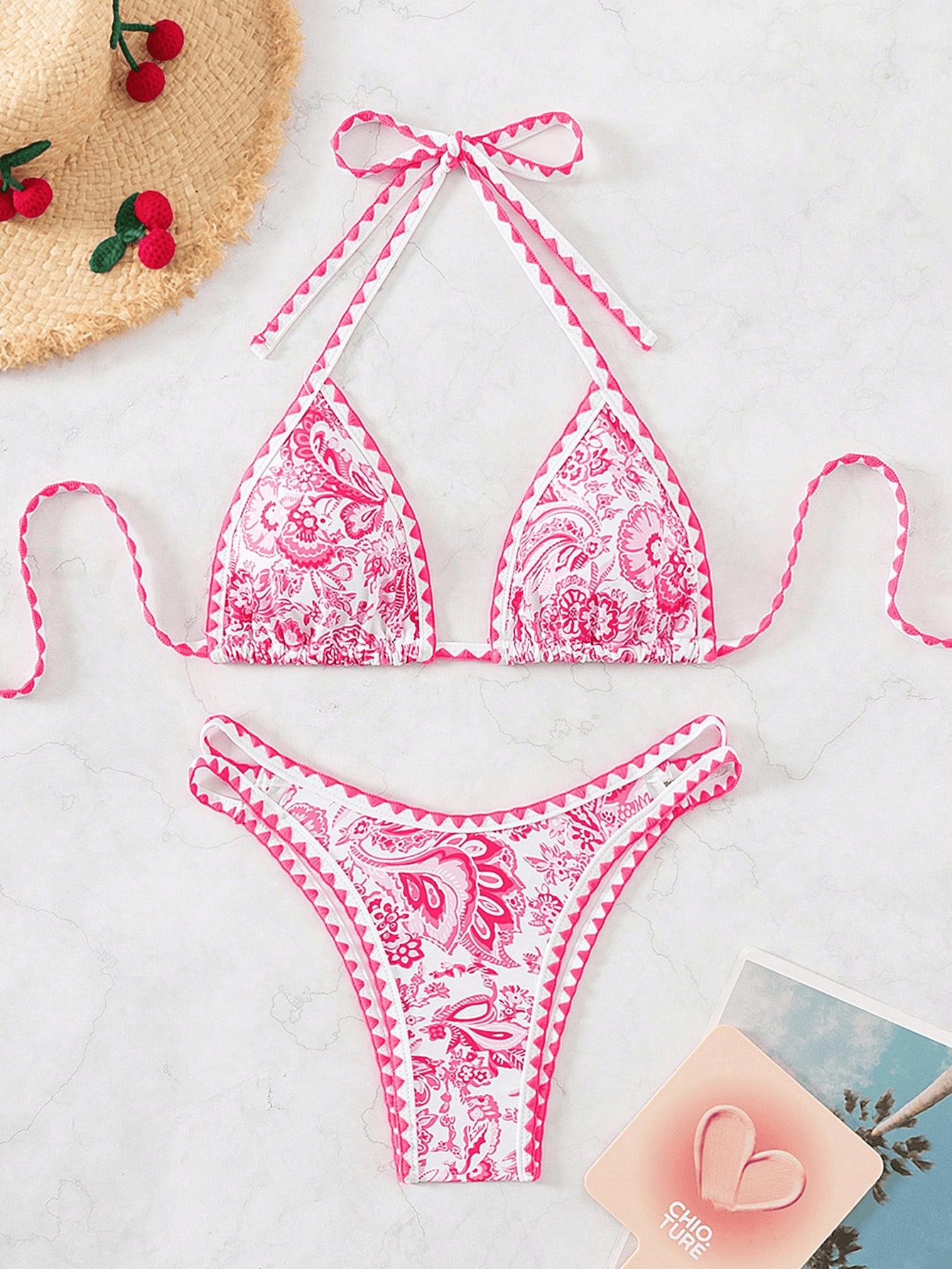 (image for) Women Paisley Floral Print Halter Triangle Bikini Set Shell Edge Trim Tie Side Padded Swimwear