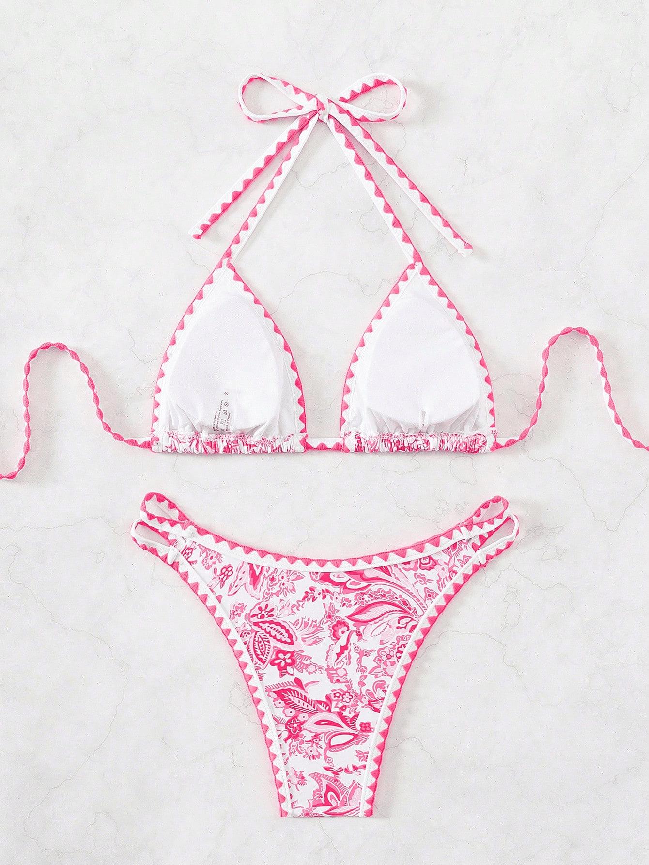 (image for) Women Paisley Floral Print Halter Triangle Bikini Set Shell Edge Trim Tie Side Padded Swimwear