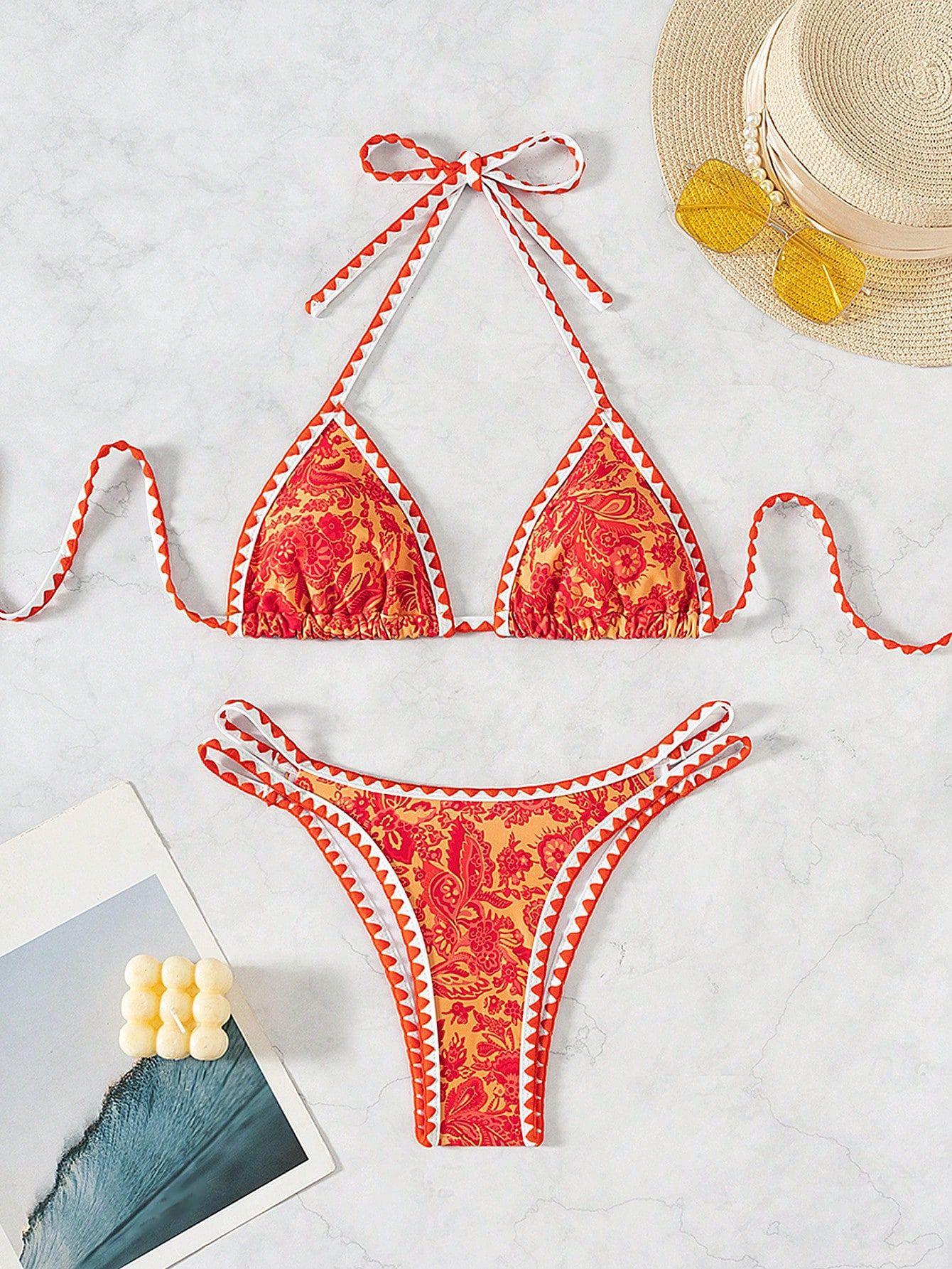 (image for) Women Paisley Floral Print Halter Triangle Bikini Set Shell Edge Trim Tie Side Padded Swimwear