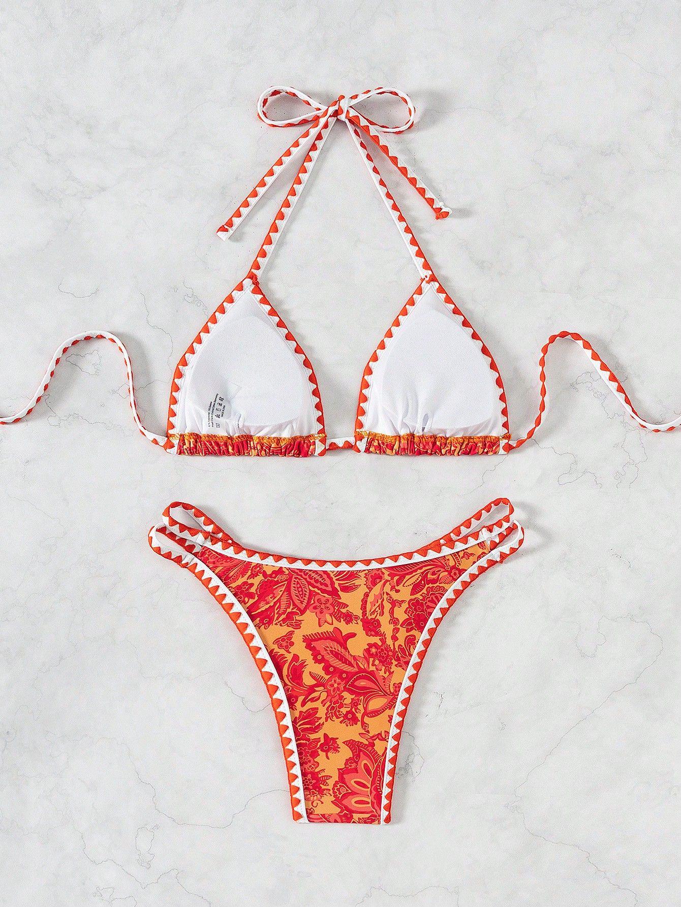 (image for) Women Paisley Floral Print Halter Triangle Bikini Set Shell Edge Trim Tie Side Padded Swimwear