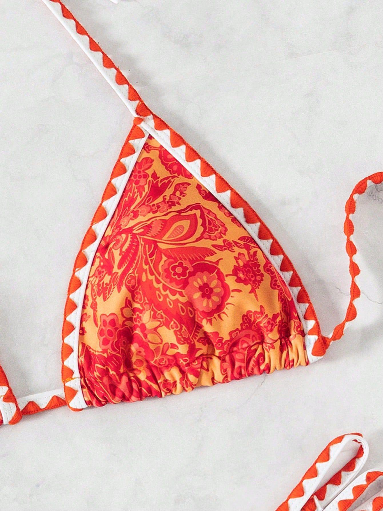 (image for) Women Paisley Floral Print Halter Triangle Bikini Set Shell Edge Trim Tie Side Padded Swimwear