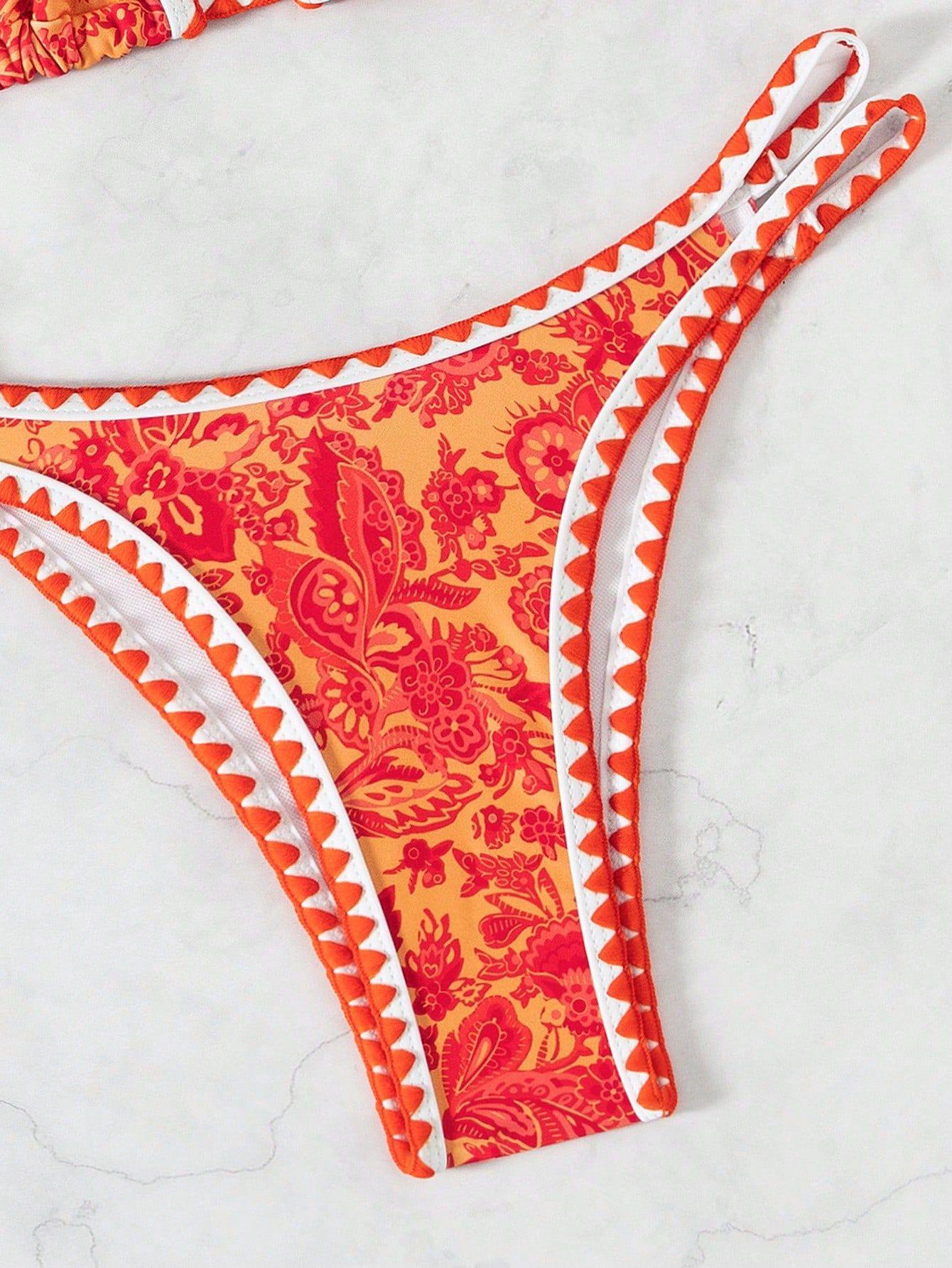 (image for) Women Paisley Floral Print Halter Triangle Bikini Set Shell Edge Trim Tie Side Padded Swimwear