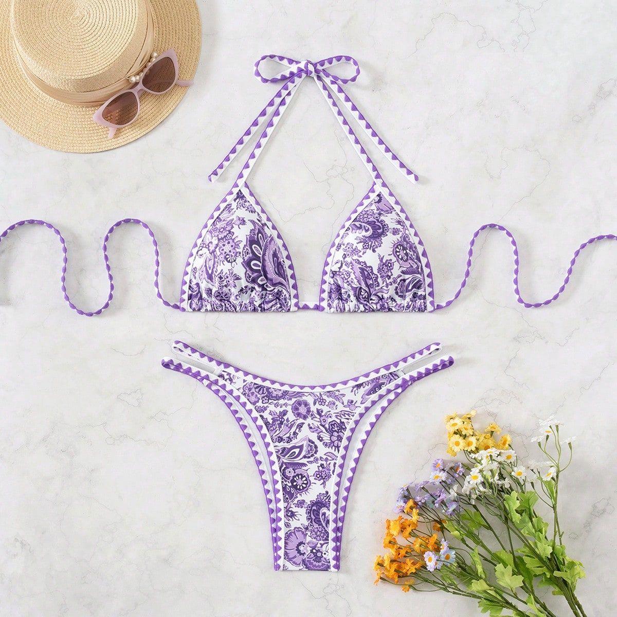 (image for) Women Paisley Floral Print Halter Triangle Bikini Set Shell Edge Trim Tie Side Padded Swimwear