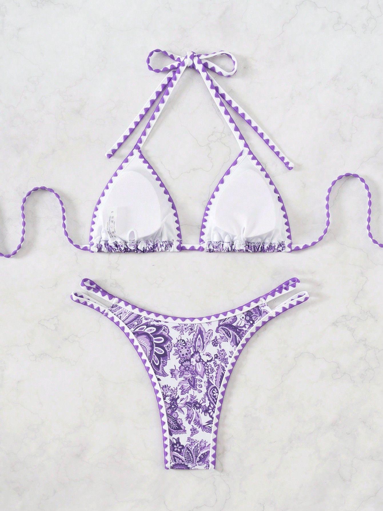 (image for) Women Paisley Floral Print Halter Triangle Bikini Set Shell Edge Trim Tie Side Padded Swimwear