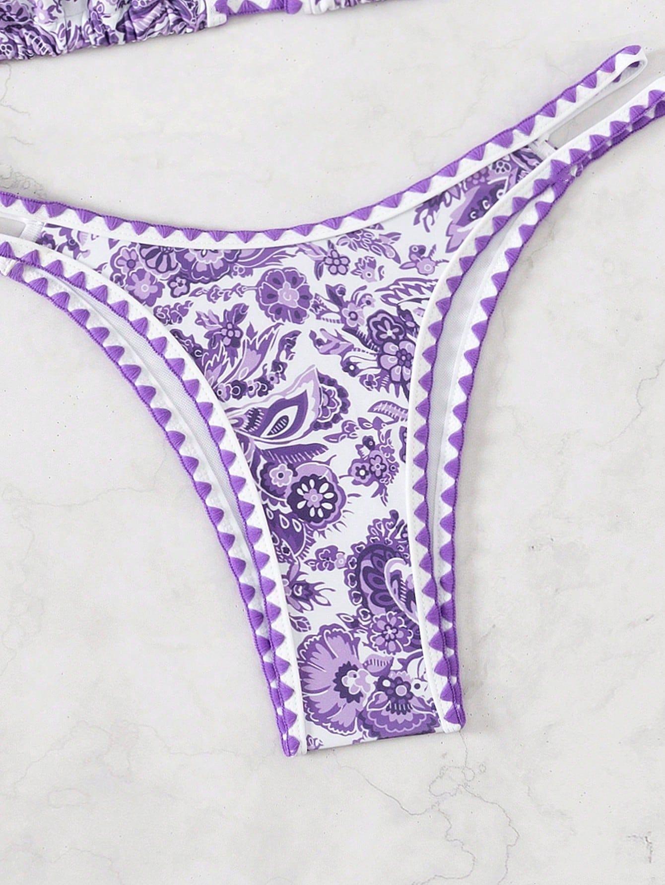 (image for) Women Paisley Floral Print Halter Triangle Bikini Set Shell Edge Trim Tie Side Padded Swimwear
