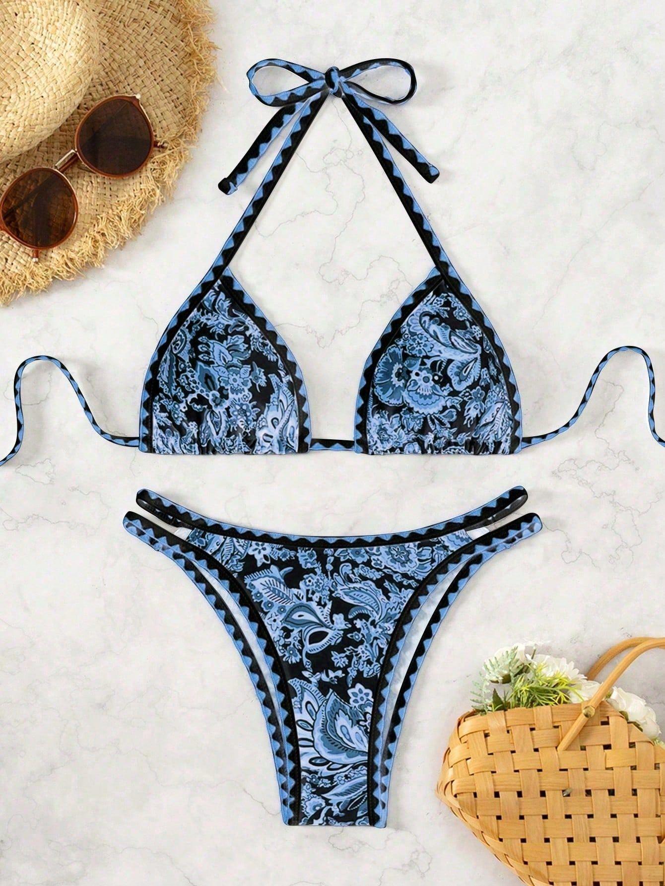 (image for) Women Paisley Floral Print Halter Triangle Bikini Set Shell Edge Trim Tie Side Padded Swimwear