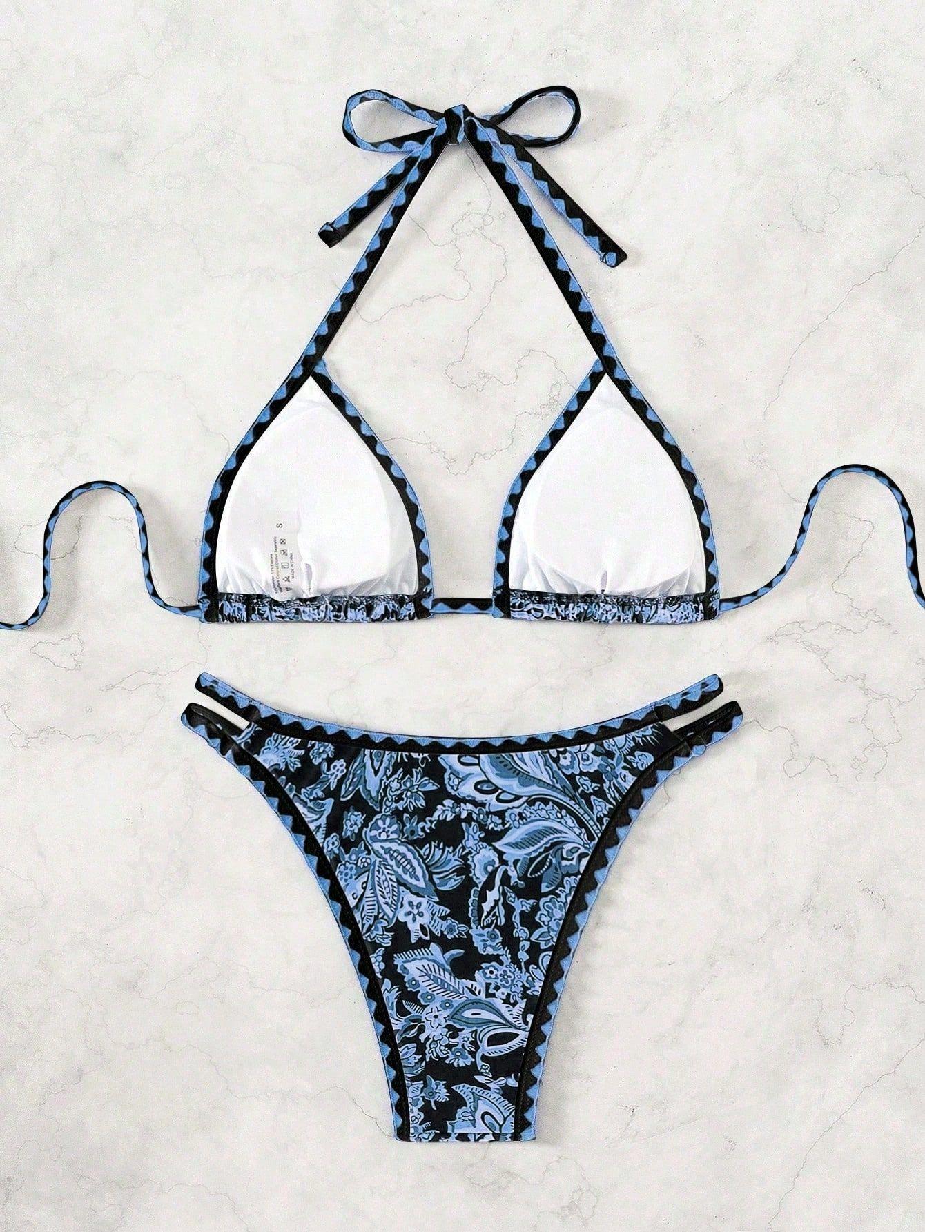 (image for) Women Paisley Floral Print Halter Triangle Bikini Set Shell Edge Trim Tie Side Padded Swimwear