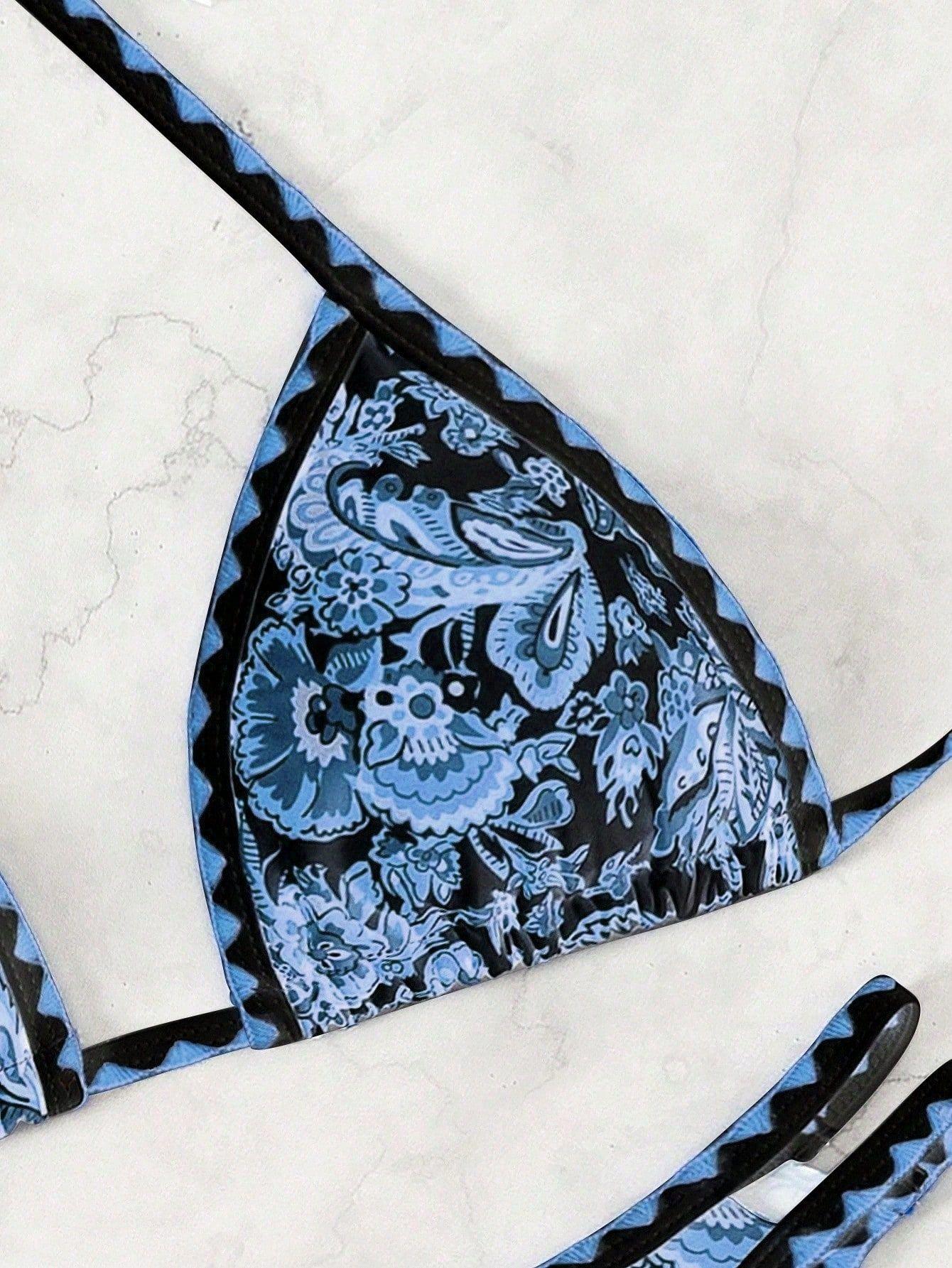 (image for) Women Paisley Floral Print Halter Triangle Bikini Set Shell Edge Trim Tie Side Padded Swimwear