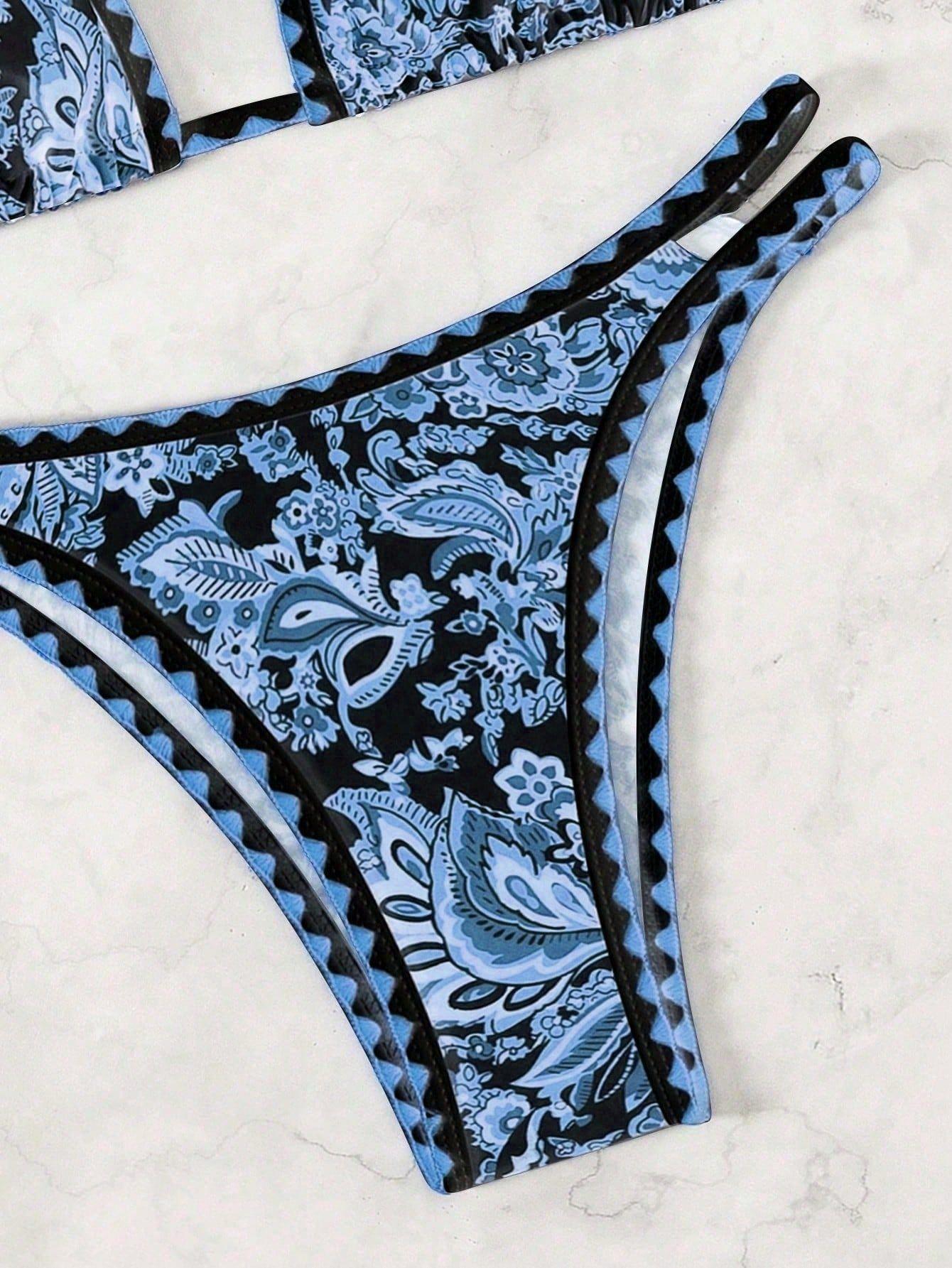 (image for) Women Paisley Floral Print Halter Triangle Bikini Set Shell Edge Trim Tie Side Padded Swimwear