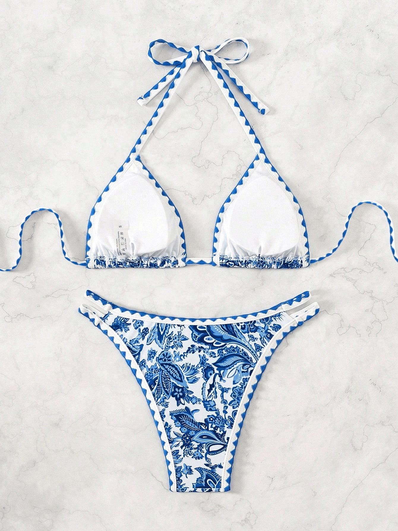 (image for) Women Paisley Floral Print Halter Triangle Bikini Set Shell Edge Trim Tie Side Padded Swimwear