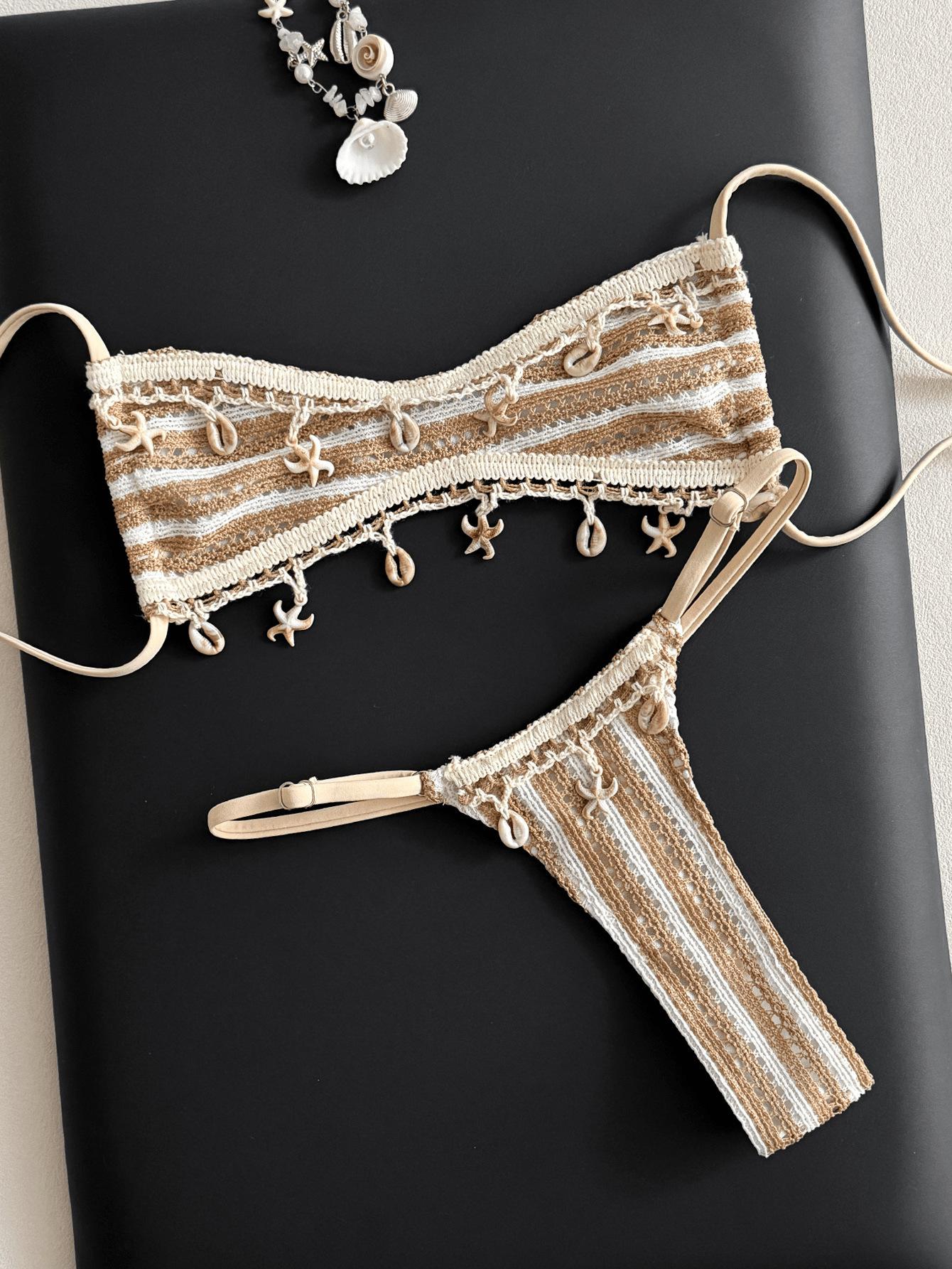 (image for) Women Starfish & Shell Charm Striped Triangle Bikini Set Unpadded Sexy Beach Swimwear