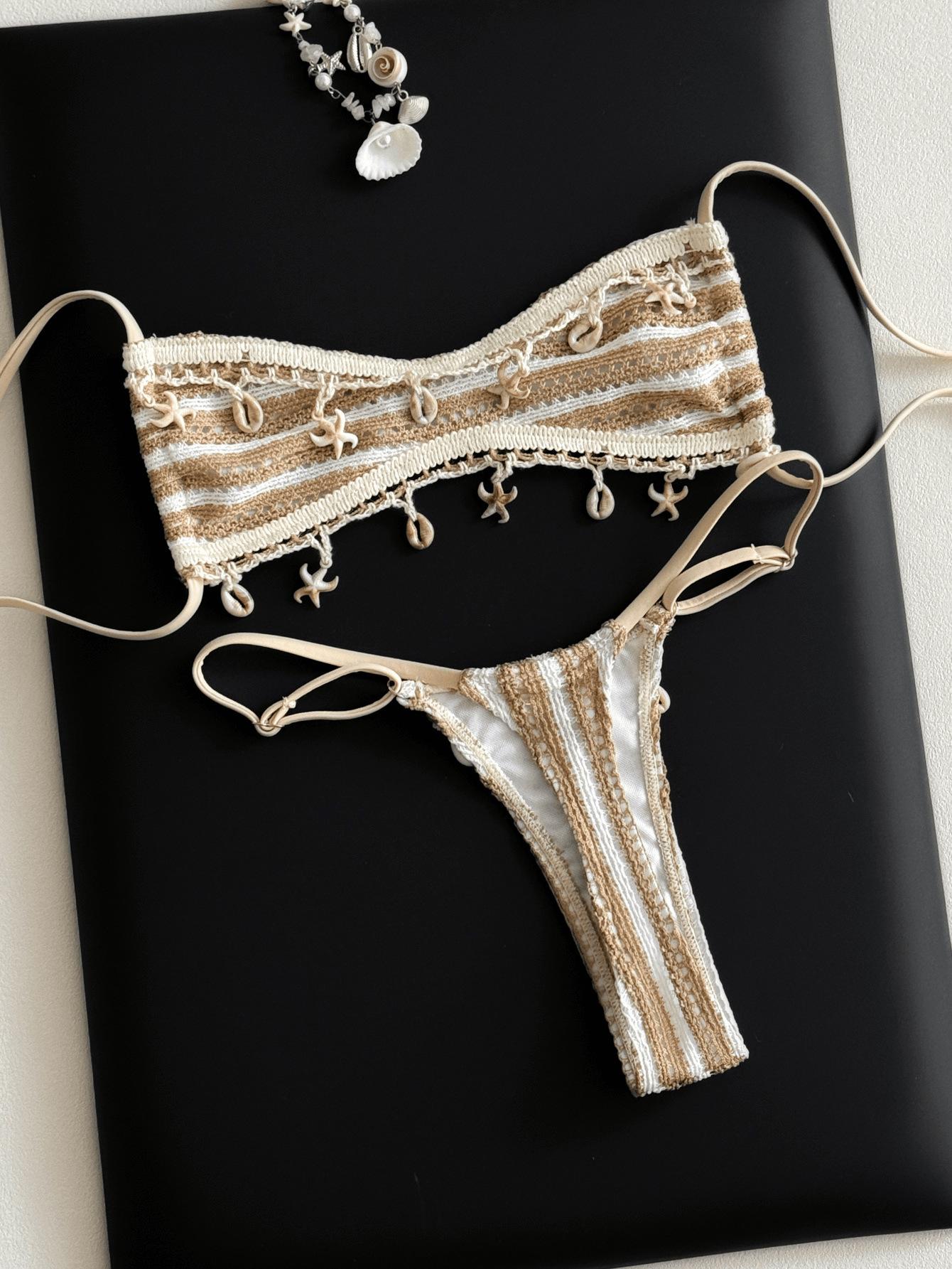 (image for) Women Starfish & Shell Charm Striped Triangle Bikini Set Unpadded Sexy Beach Swimwear