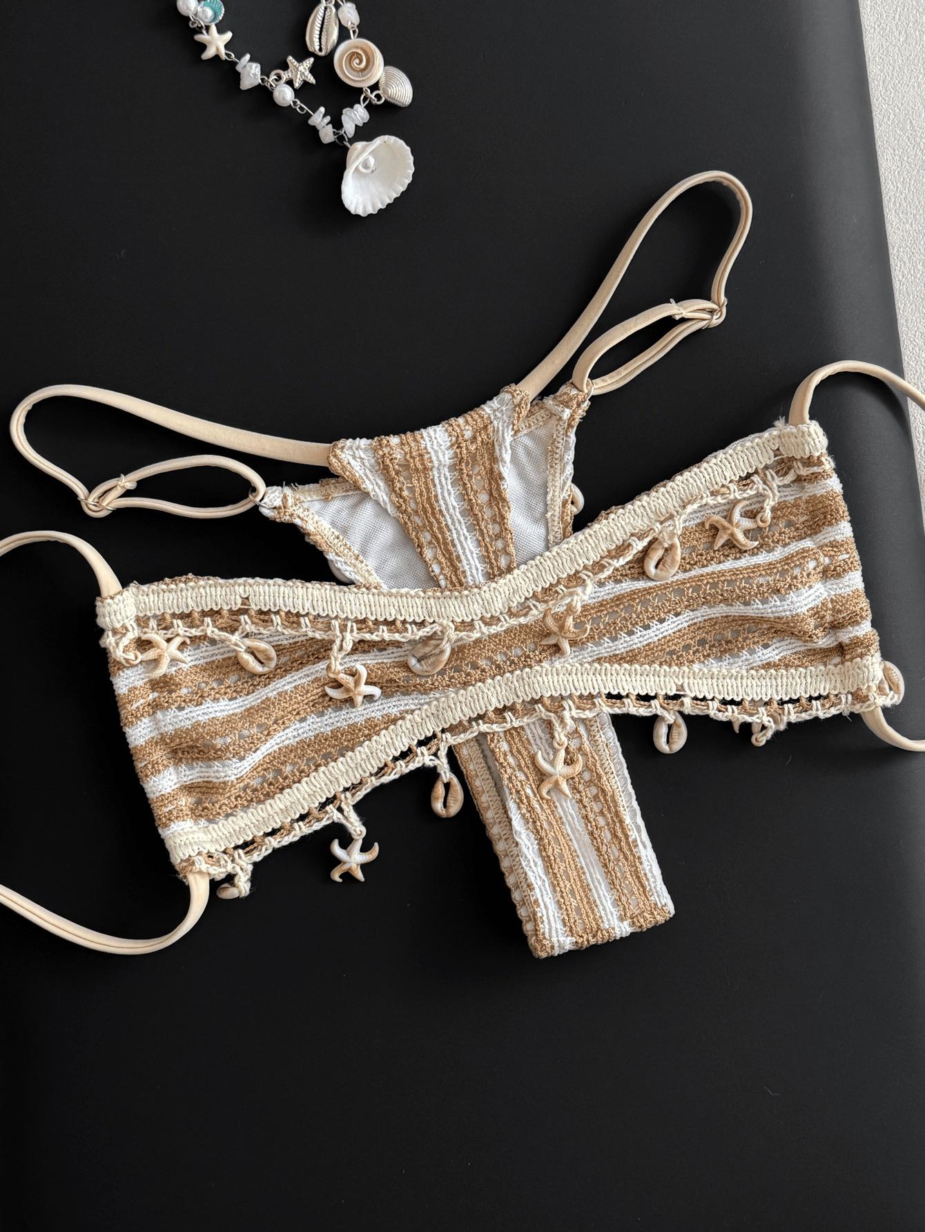 (image for) Women Starfish & Shell Charm Striped Triangle Bikini Set Unpadded Sexy Beach Swimwear