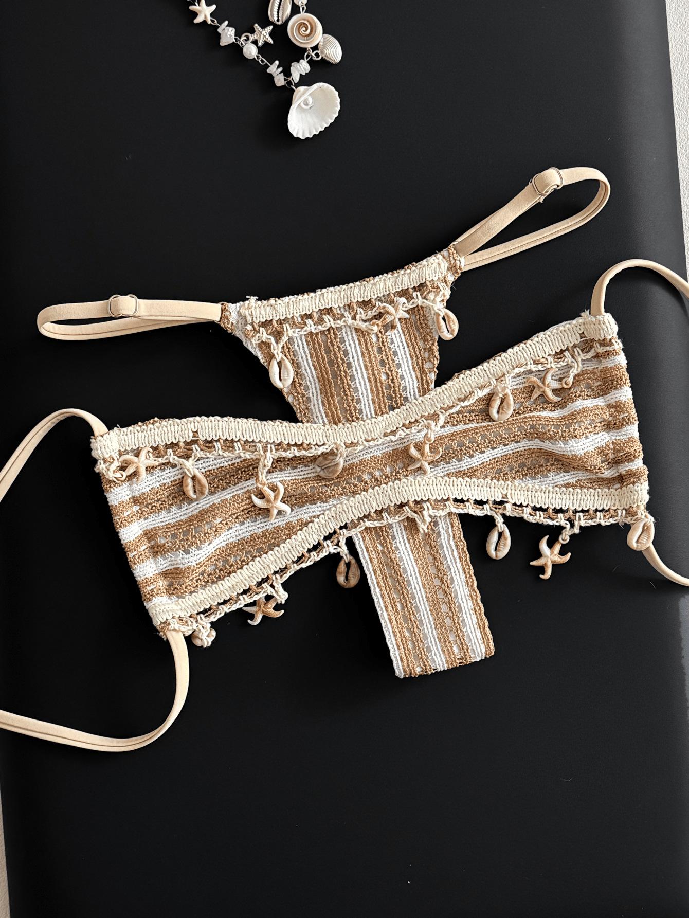 (image for) Women Starfish & Shell Charm Striped Triangle Bikini Set Unpadded Sexy Beach Swimwear