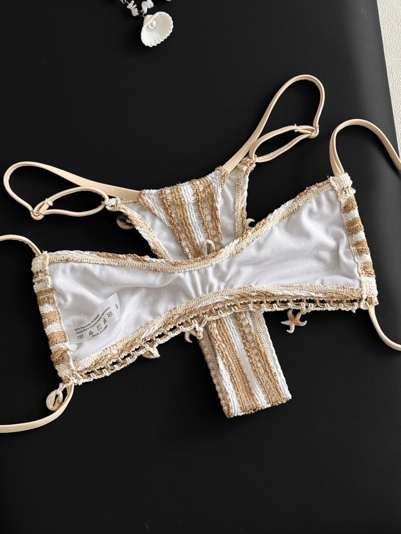 (image for) Women Starfish & Shell Charm Striped Triangle Bikini Set Unpadded Sexy Beach Swimwear