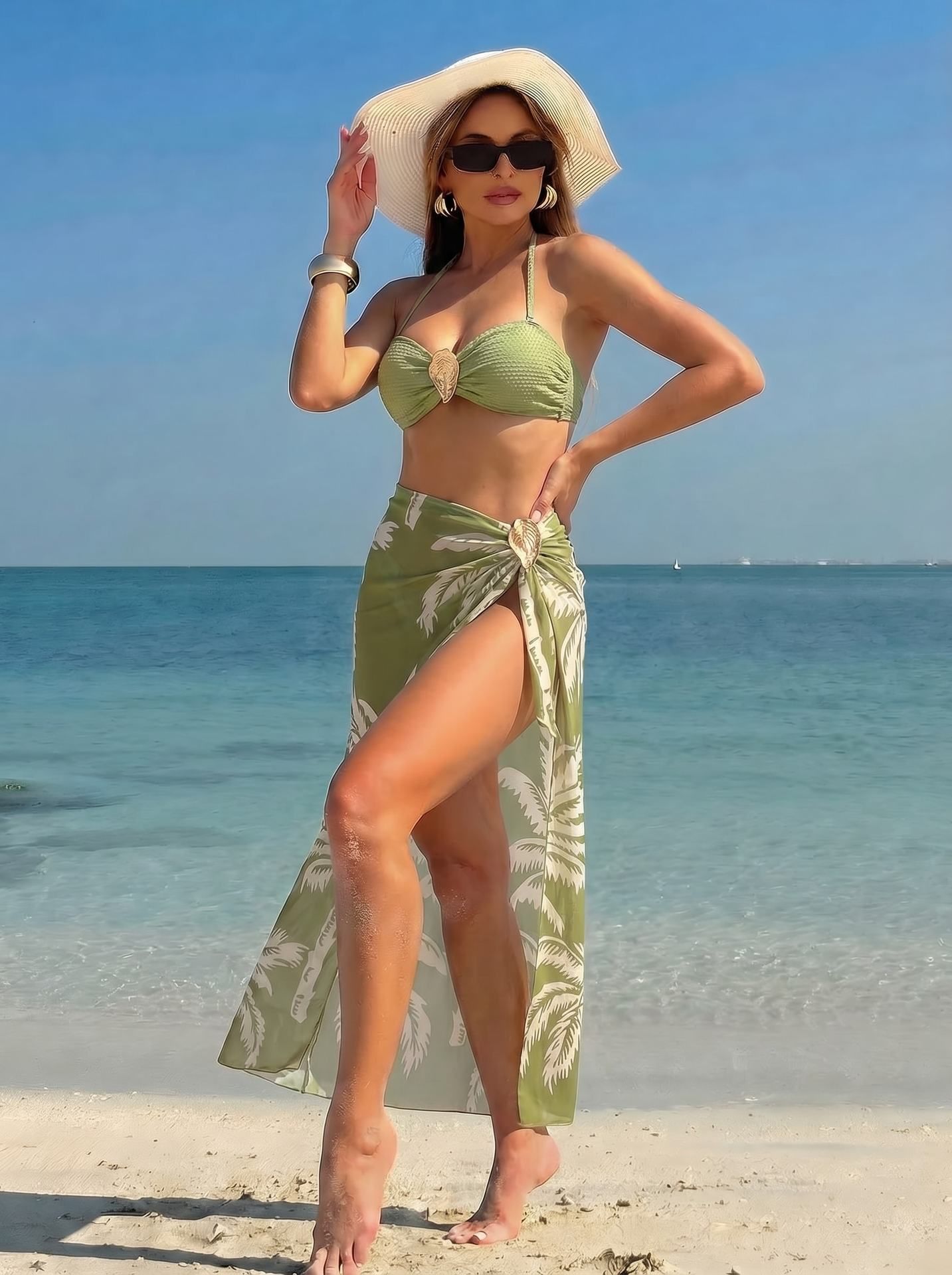 Women 3 Piece Palm Tree Print Halter Triangle Bikini Set with Shell Buckle Detail Matching Midi Sarong Skirt Tropical Beach Swimwear