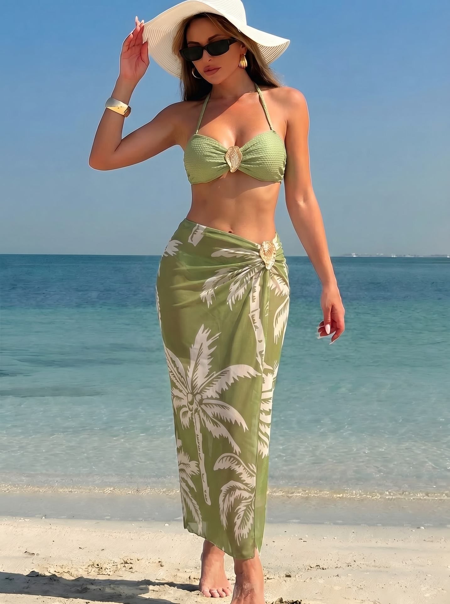 (image for) Women 3 Piece Palm Tree Print Halter Triangle Bikini Set with Shell Buckle Detail Matching Midi Sarong Skirt Tropical Beach Swimwear