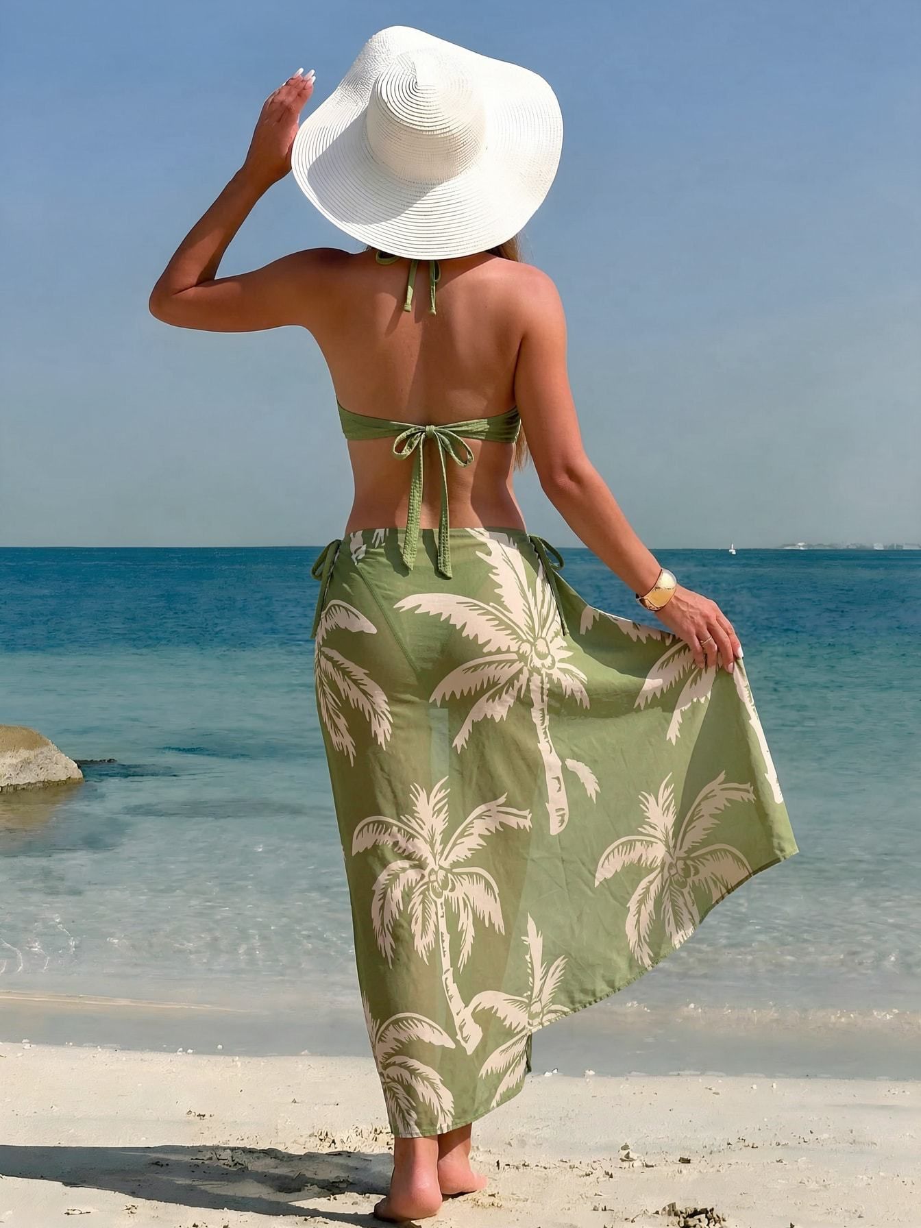 (image for) Women 3 Piece Palm Tree Print Halter Triangle Bikini Set with Shell Buckle Detail Matching Midi Sarong Skirt Tropical Beach Swimwear