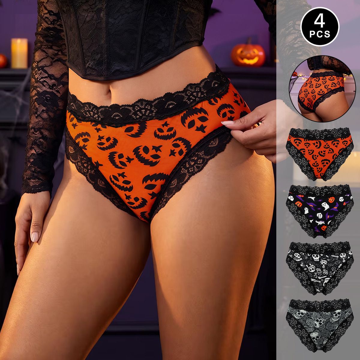 Women's Halloween Themed Low Rise Lace Trim Brief Panties Breathable Seamless Waistband Full Seat Coverage Festive Spooky Intimate Wear