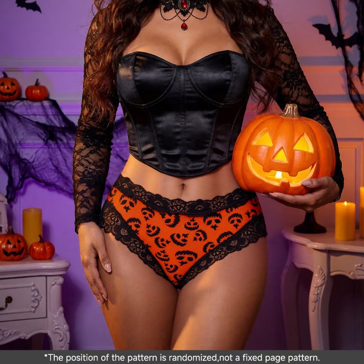 (image for) Women's Halloween Themed Low Rise Lace Trim Brief Panties Breathable Seamless Waistband Full Seat Coverage Festive Spooky Intimate Wear