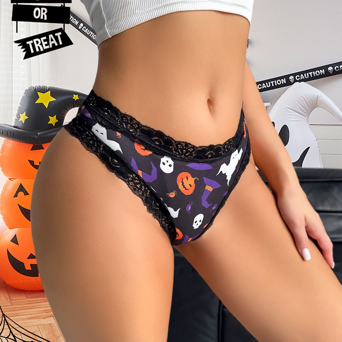 (image for) Women's Halloween Themed Low Rise Lace Trim Brief Panties Breathable Seamless Waistband Full Seat Coverage Festive Spooky Intimate Wear
