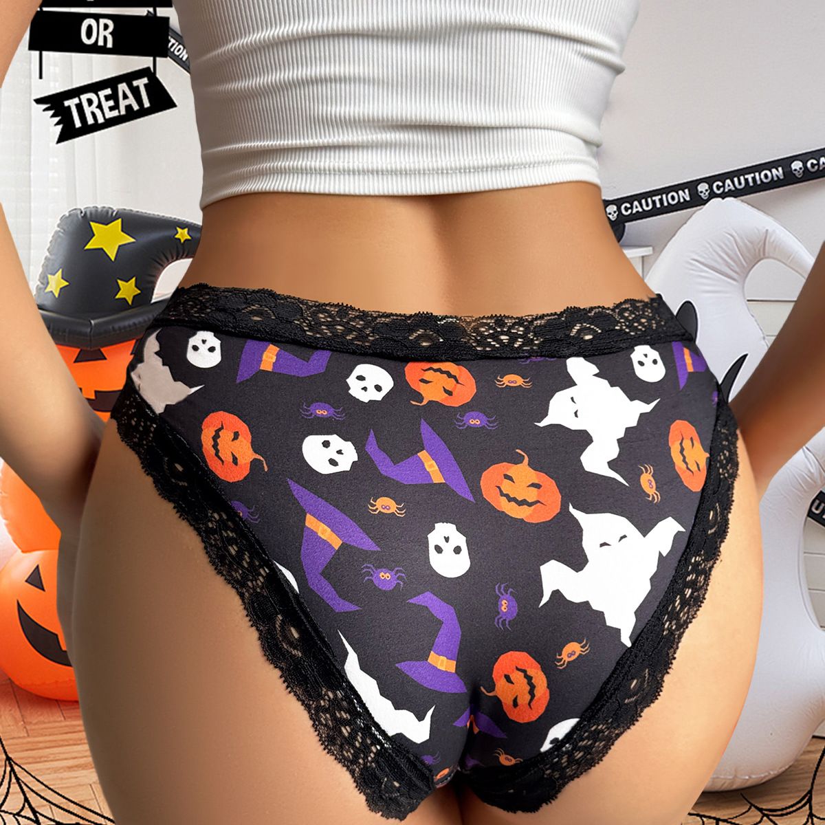 (image for) Women's Halloween Themed Low Rise Lace Trim Brief Panties Breathable Seamless Waistband Full Seat Coverage Festive Spooky Intimate Wear