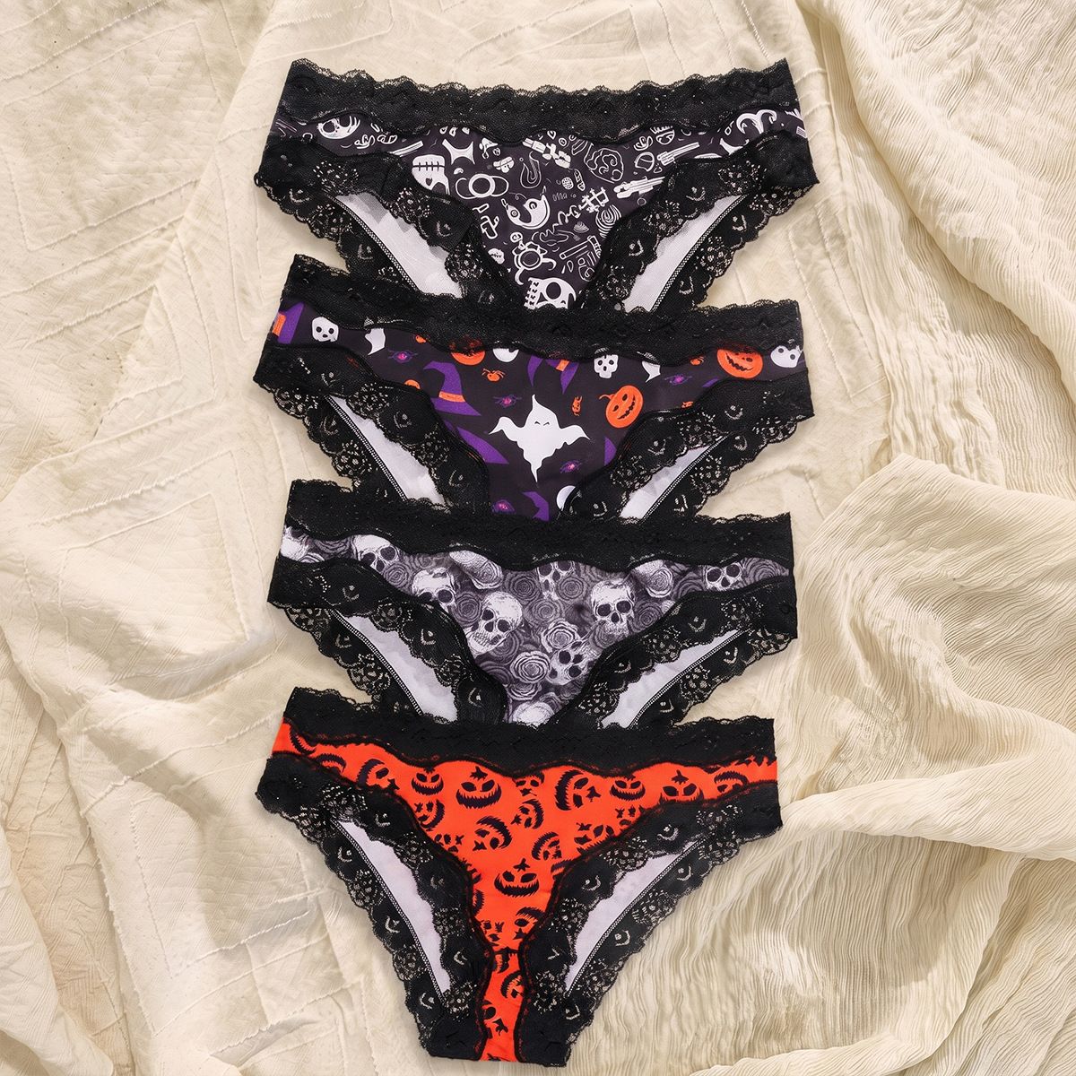 (image for) Women's Halloween Themed Low Rise Lace Trim Brief Panties Breathable Seamless Waistband Full Seat Coverage Festive Spooky Intimate Wear