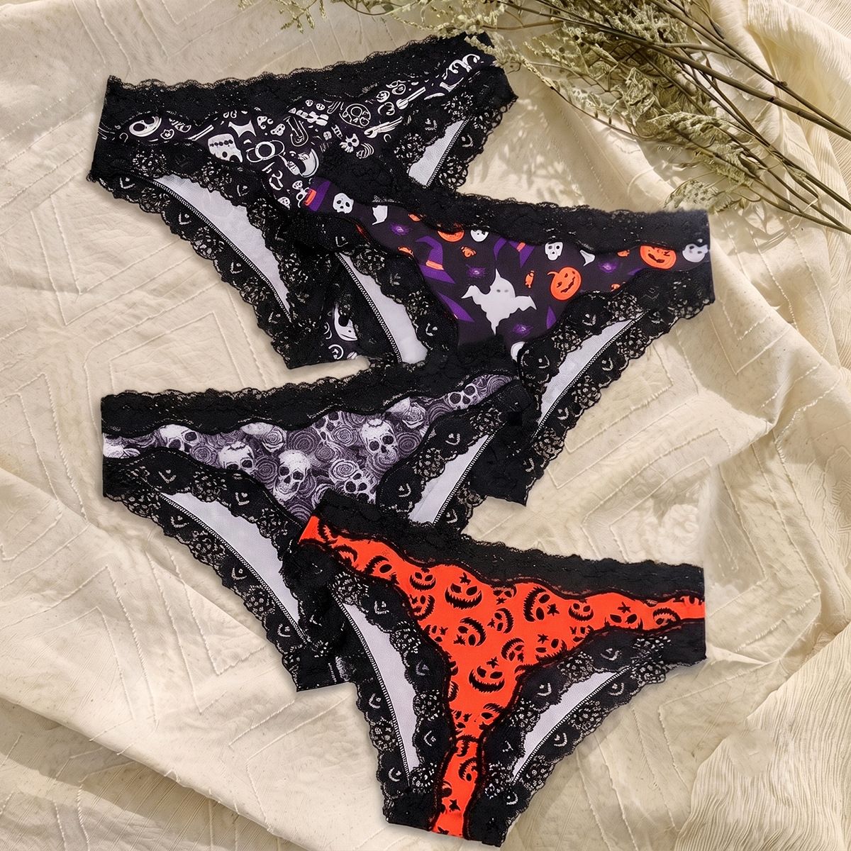 (image for) Women's Halloween Themed Low Rise Lace Trim Brief Panties Breathable Seamless Waistband Full Seat Coverage Festive Spooky Intimate Wear