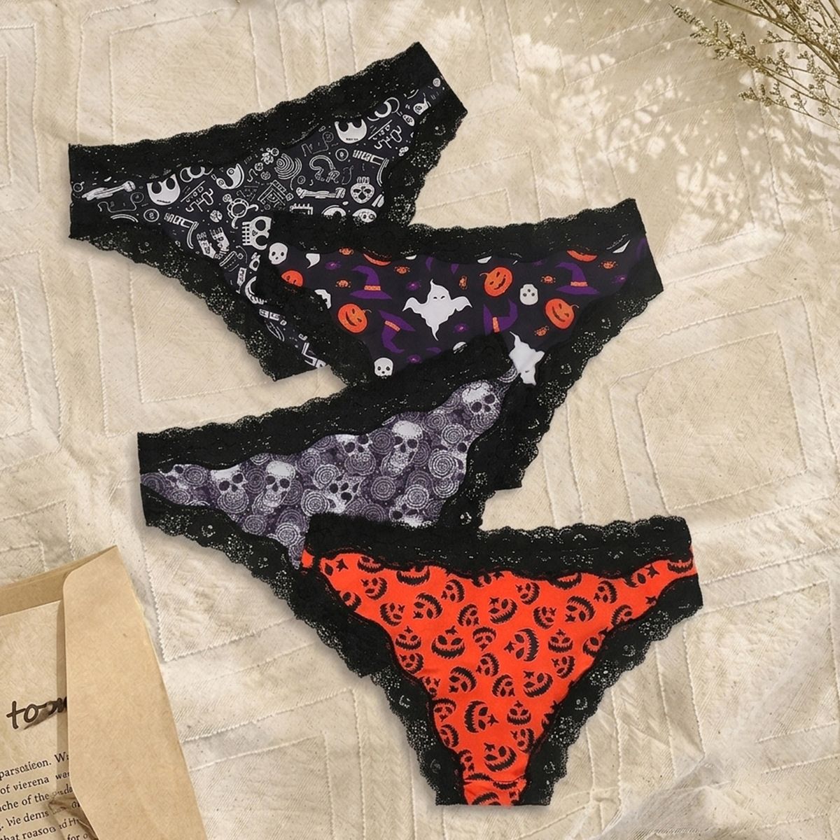 (image for) Women's Halloween Themed Low Rise Lace Trim Brief Panties Breathable Seamless Waistband Full Seat Coverage Festive Spooky Intimate Wear
