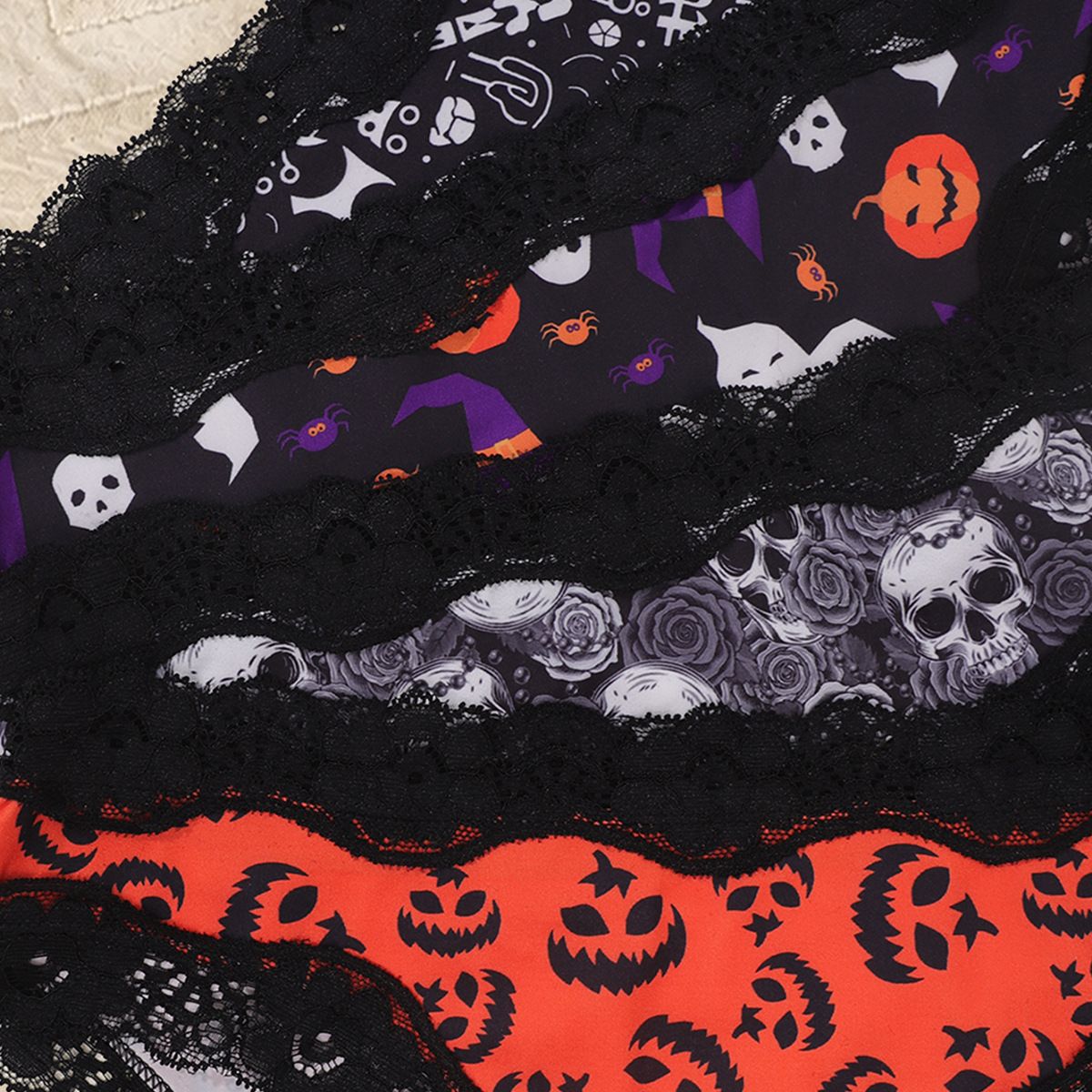 (image for) Women's Halloween Themed Low Rise Lace Trim Brief Panties Breathable Seamless Waistband Full Seat Coverage Festive Spooky Intimate Wear