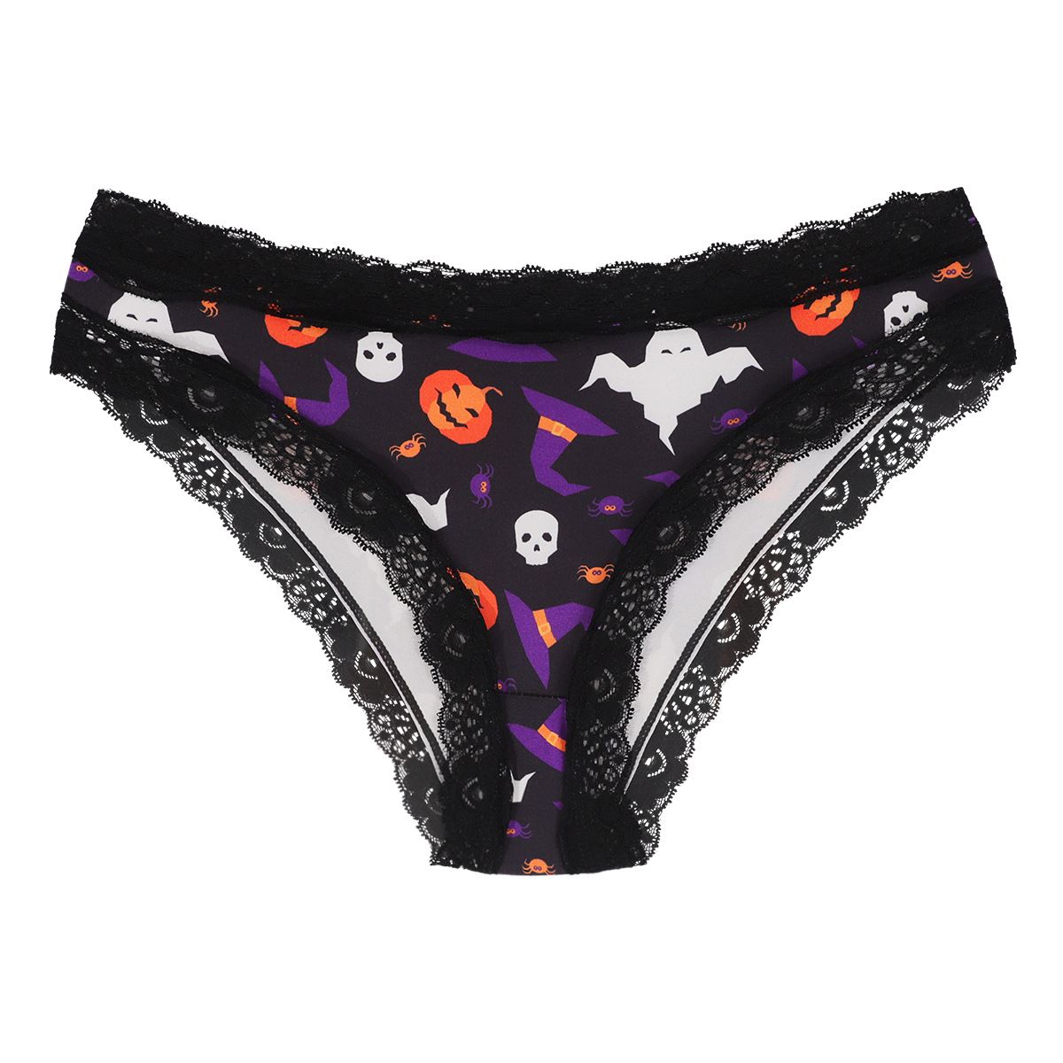 (image for) Women's Halloween Themed Low Rise Lace Trim Brief Panties Breathable Seamless Waistband Full Seat Coverage Festive Spooky Intimate Wear