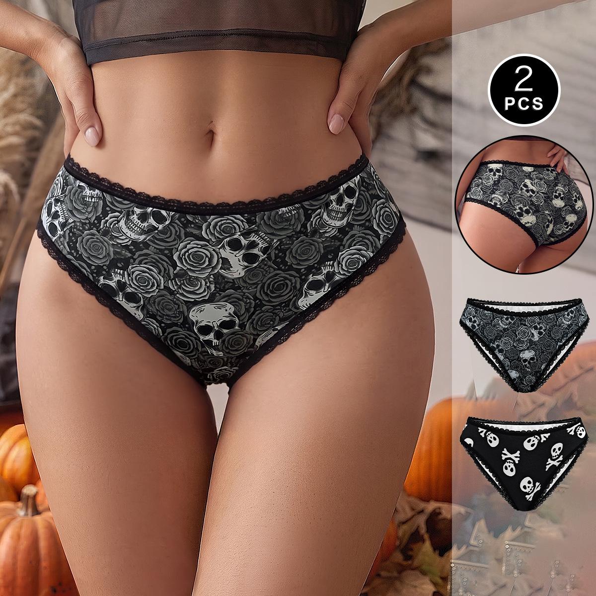 Women's Halloween Skull Rose Print Low Rise Triangle Briefs Lace Trim Seamless Waist Ultra-Thin Sexy Sheer Everyday Panties