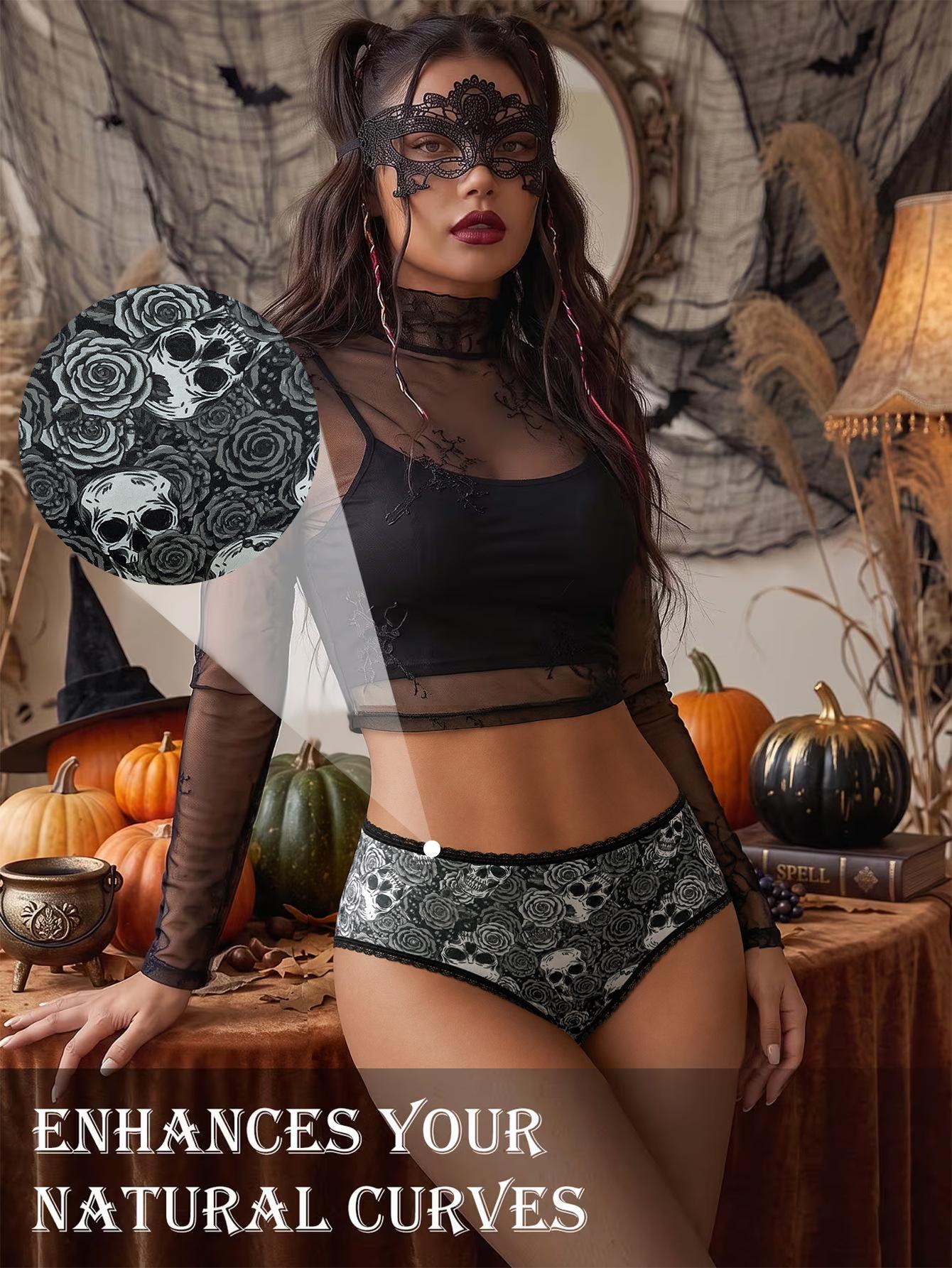 (image for) Women's Halloween Skull Rose Print Low Rise Triangle Briefs Lace Trim Seamless Waist Ultra-Thin Sexy Sheer Everyday Panties