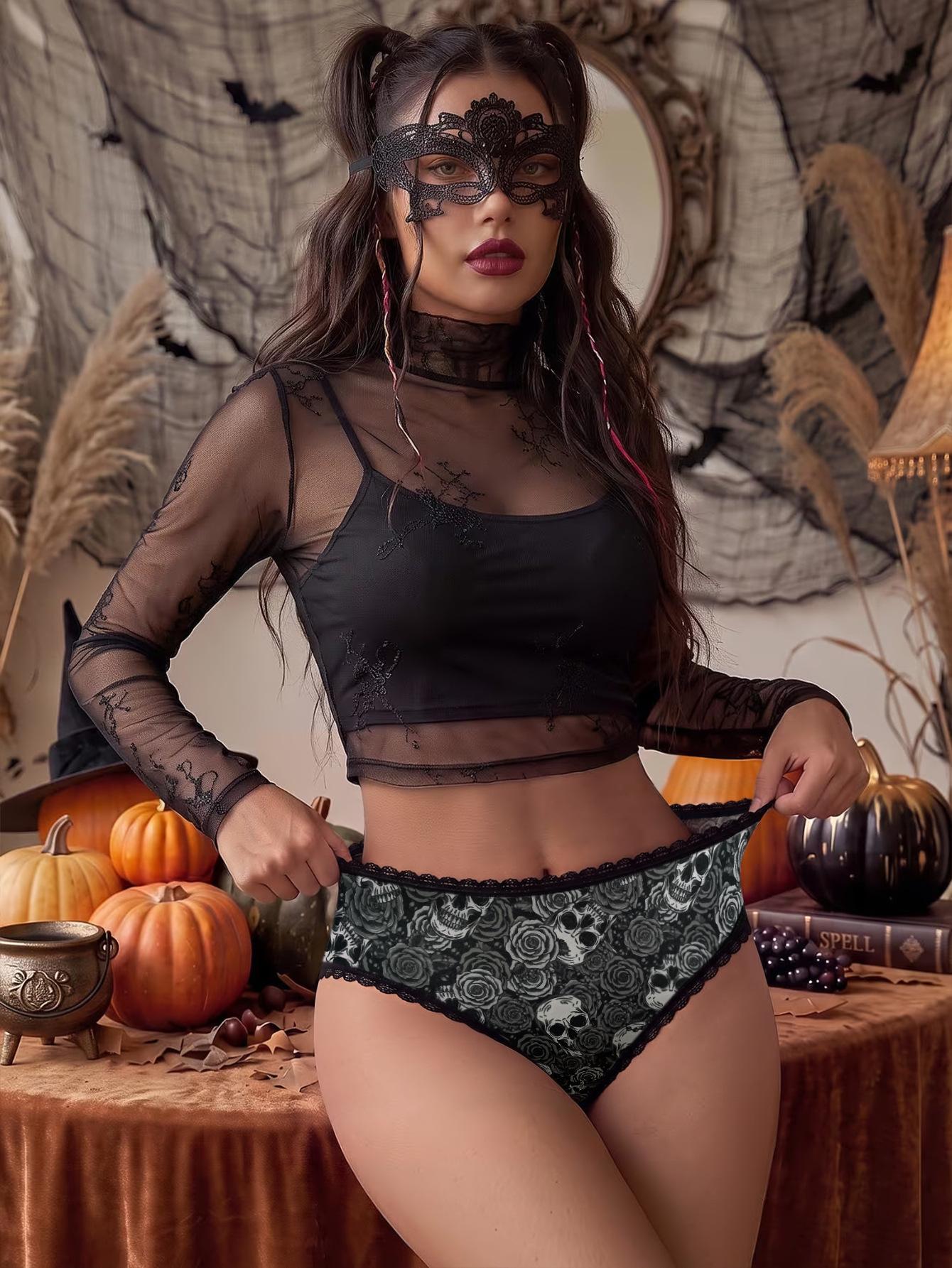 (image for) Women's Halloween Skull Rose Print Low Rise Triangle Briefs Lace Trim Seamless Waist Ultra-Thin Sexy Sheer Everyday Panties