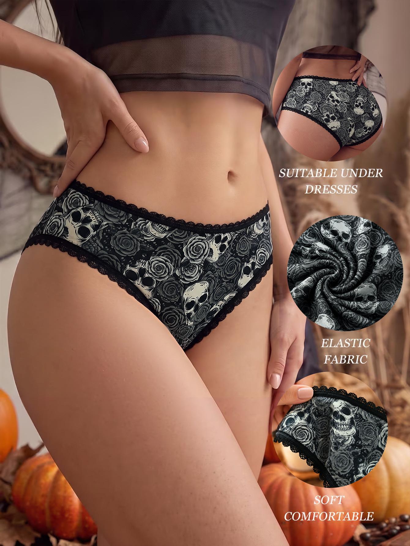 (image for) Women's Halloween Skull Rose Print Low Rise Triangle Briefs Lace Trim Seamless Waist Ultra-Thin Sexy Sheer Everyday Panties