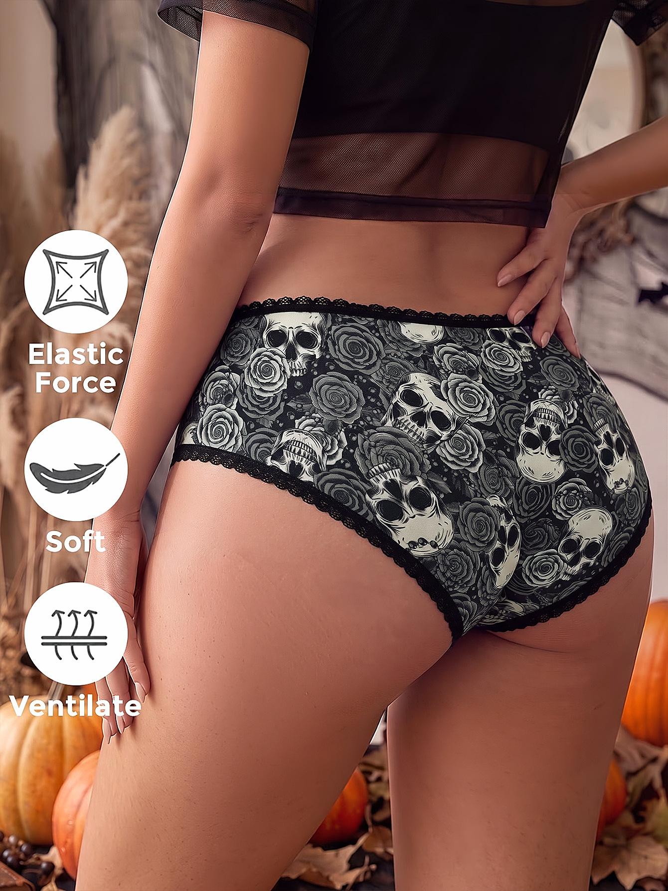 (image for) Women's Halloween Skull Rose Print Low Rise Triangle Briefs Lace Trim Seamless Waist Ultra-Thin Sexy Sheer Everyday Panties