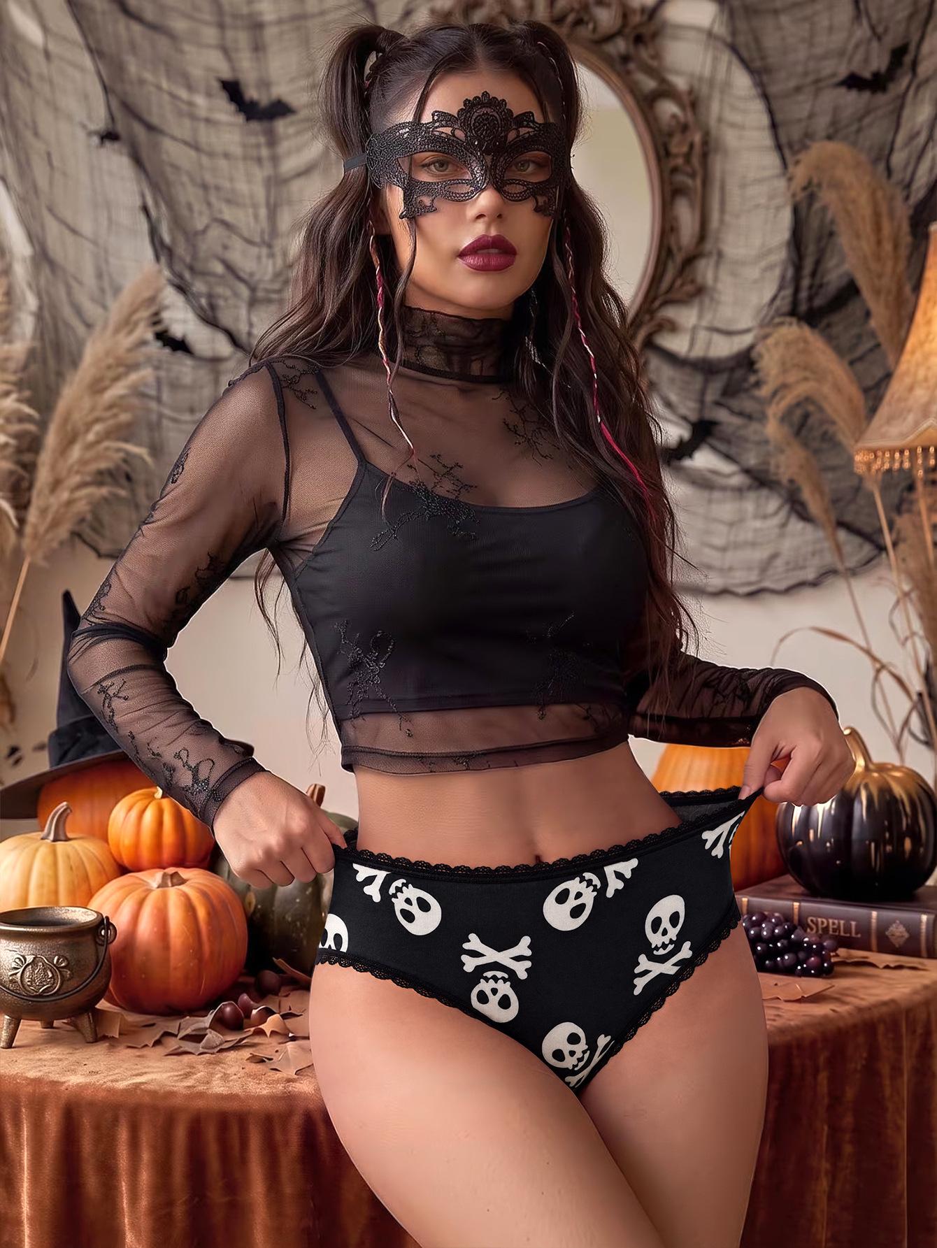 (image for) Women's Halloween Skull Rose Print Low Rise Triangle Briefs Lace Trim Seamless Waist Ultra-Thin Sexy Sheer Everyday Panties
