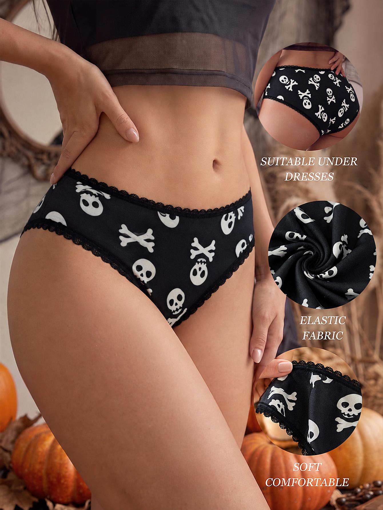 (image for) Women's Halloween Skull Rose Print Low Rise Triangle Briefs Lace Trim Seamless Waist Ultra-Thin Sexy Sheer Everyday Panties
