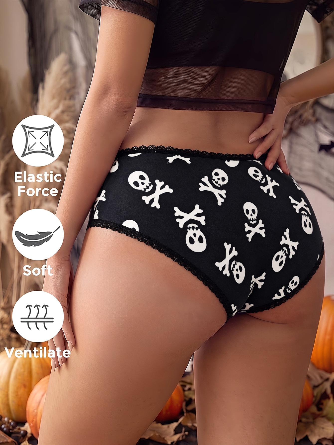 (image for) Women's Halloween Skull Rose Print Low Rise Triangle Briefs Lace Trim Seamless Waist Ultra-Thin Sexy Sheer Everyday Panties