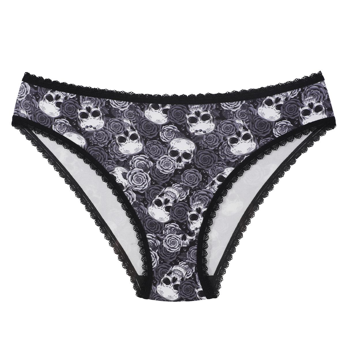 (image for) Women's Halloween Skull Rose Print Low Rise Triangle Briefs Lace Trim Seamless Waist Ultra-Thin Sexy Sheer Everyday Panties