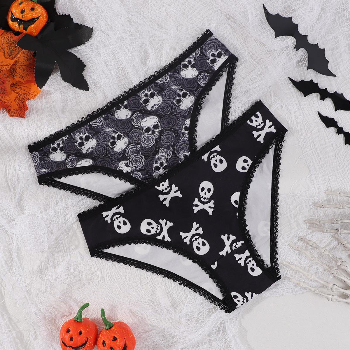 (image for) Women's Halloween Skull Rose Print Low Rise Triangle Briefs Lace Trim Seamless Waist Ultra-Thin Sexy Sheer Everyday Panties