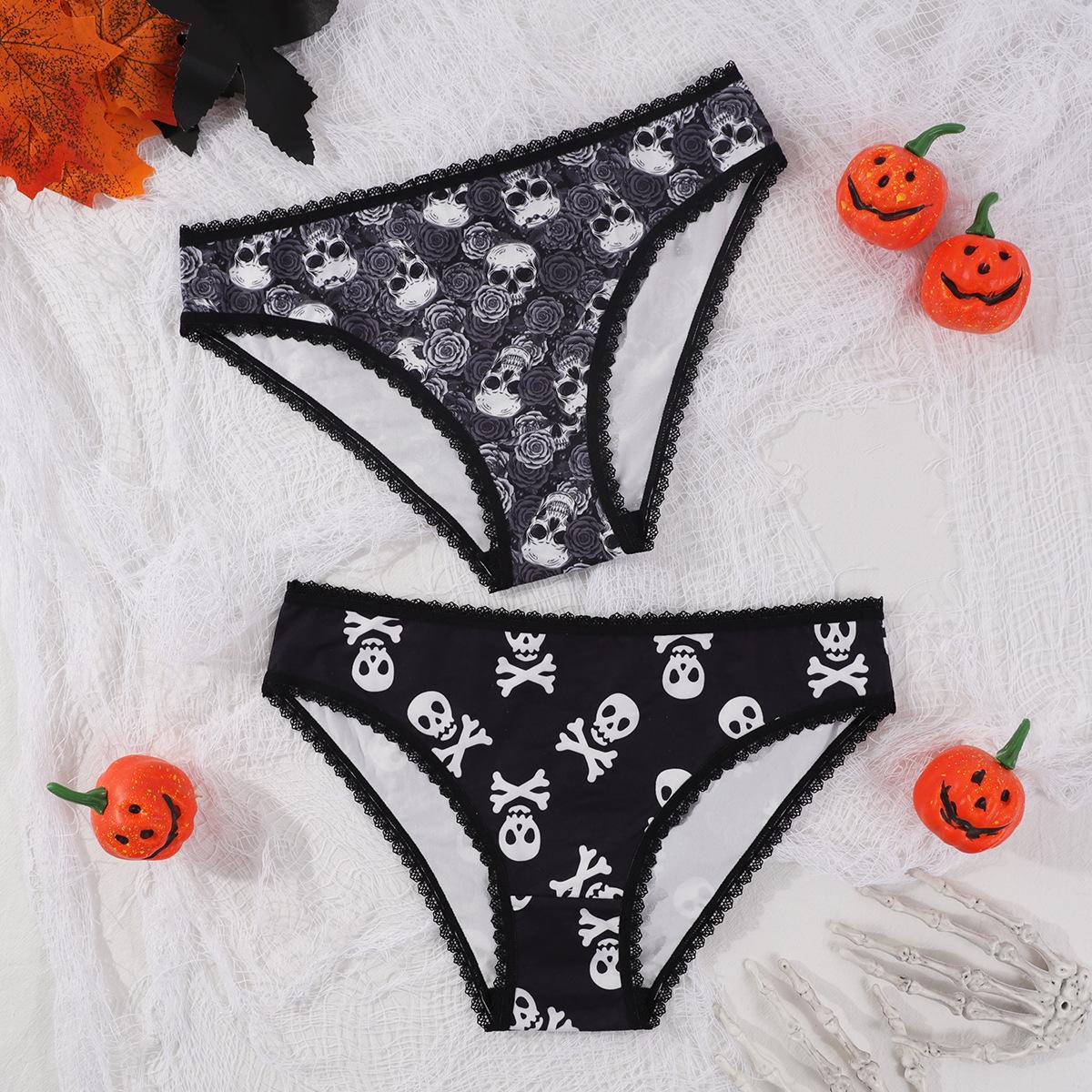(image for) Women's Halloween Skull Rose Print Low Rise Triangle Briefs Lace Trim Seamless Waist Ultra-Thin Sexy Sheer Everyday Panties