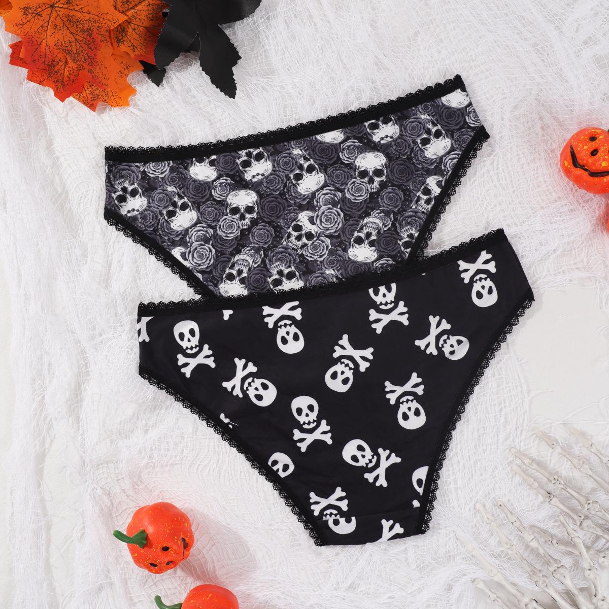(image for) Women's Halloween Skull Rose Print Low Rise Triangle Briefs Lace Trim Seamless Waist Ultra-Thin Sexy Sheer Everyday Panties